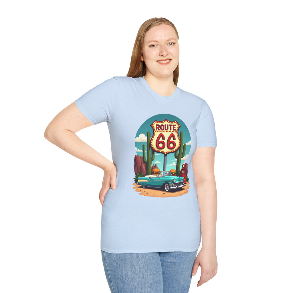 Route 66 Classic Car T-Shirt | Retro Desert Road Sign, Vintage Convertible