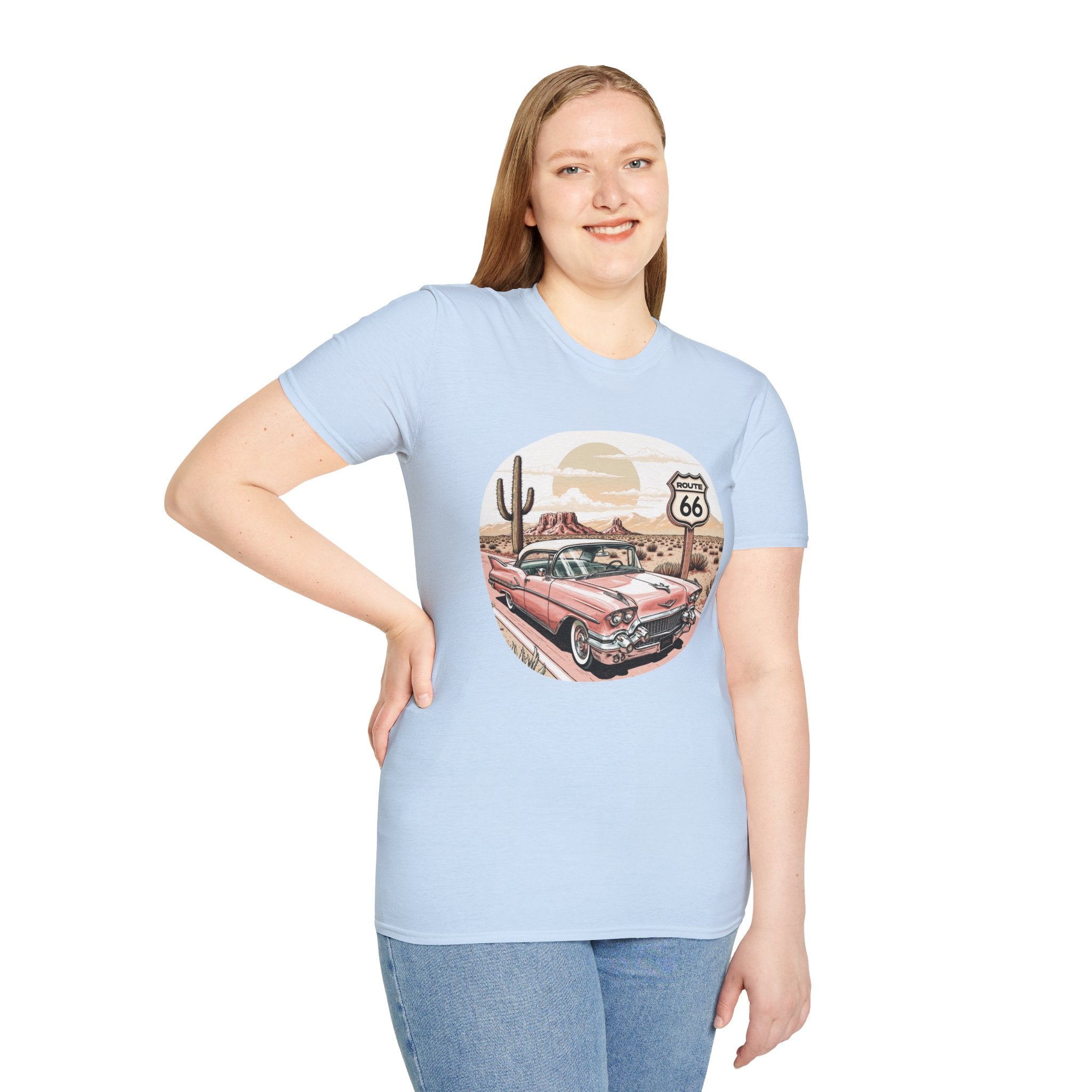 Retro Pink Classic Car Route 66 T-Shirt | Desert Cactus Vintage Roadtrip