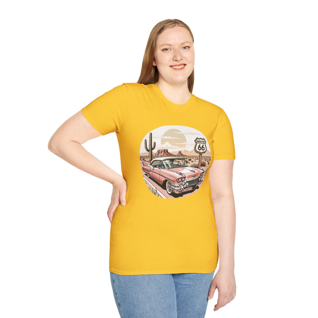 Retro Pink Classic Car Route 66 T-Shirt | Desert Cactus Vintage Roadtrip