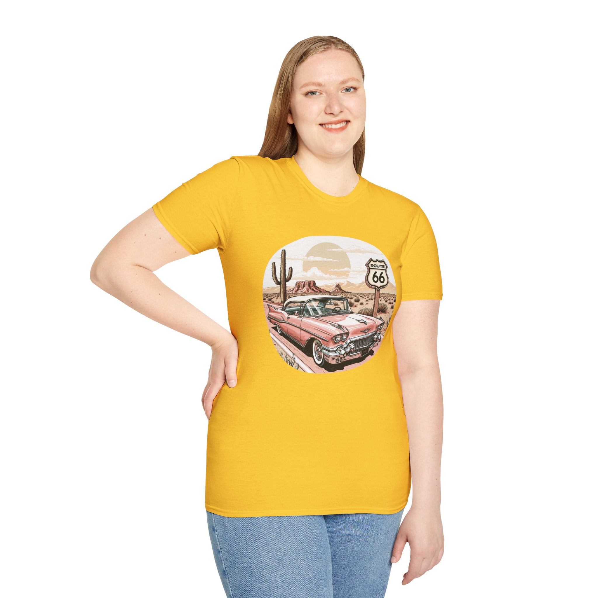 Retro Pink Classic Car Route 66 T-Shirt | Desert Cactus Vintage Roadtrip