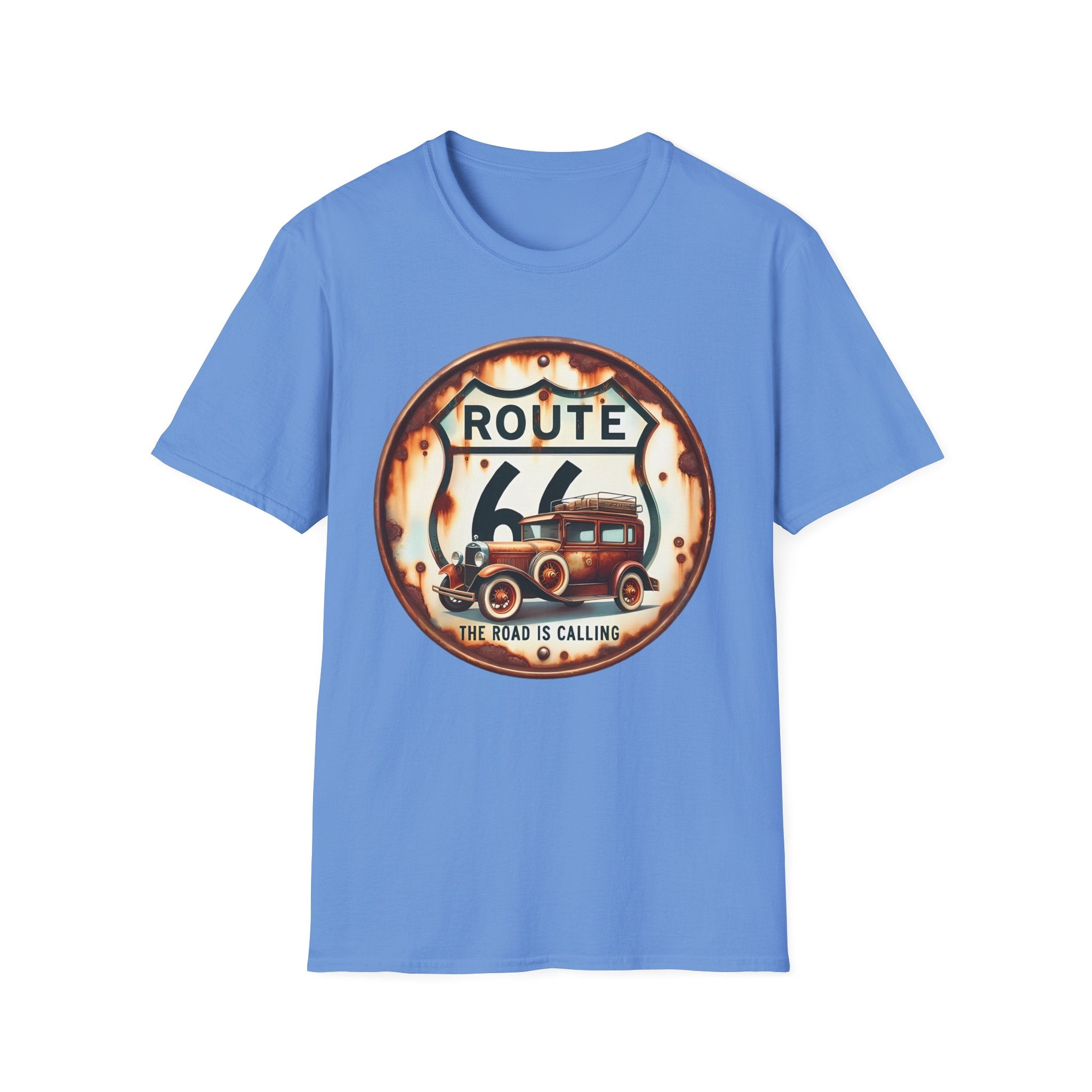 Route 66 Vintage Woodie Car T-Shirt | Road Trip Retro Sign, 'The Road Is Calling'