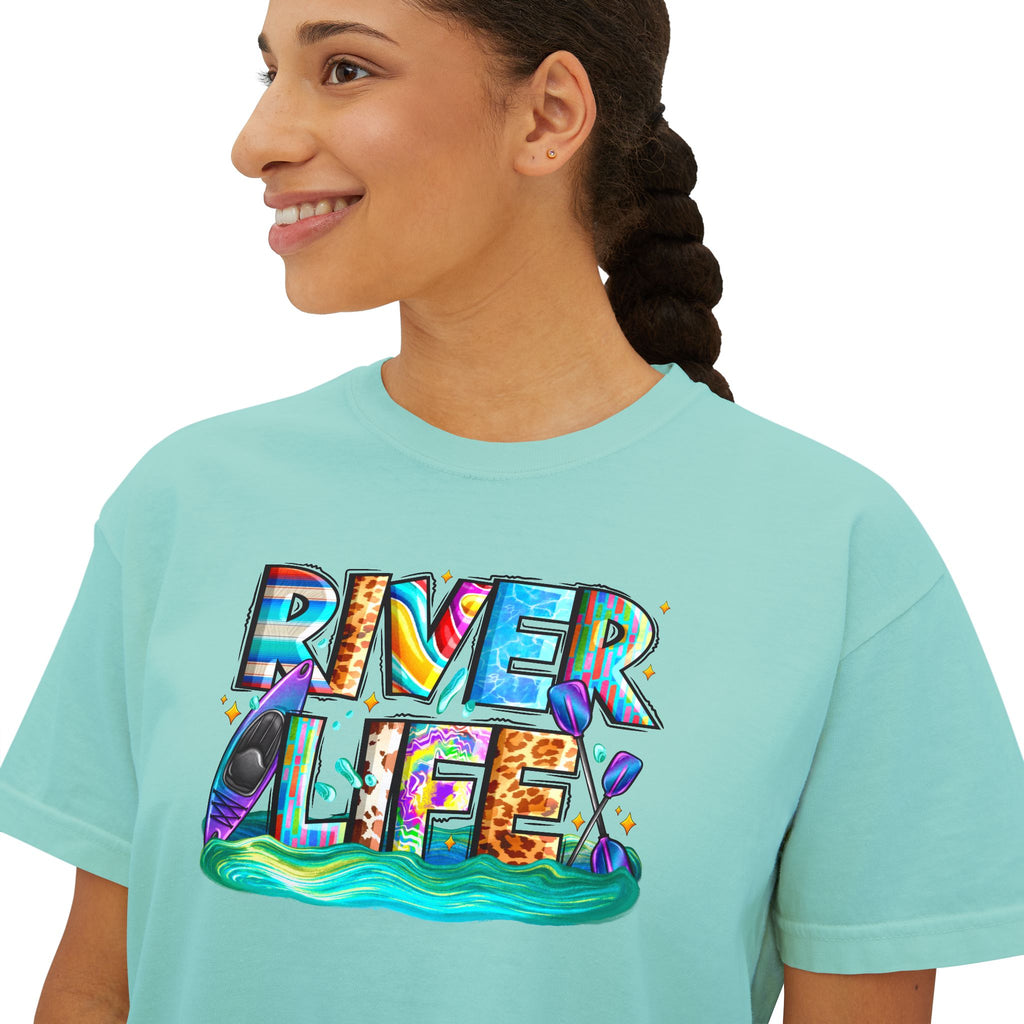 River Life boxy tee | colorful river lettering, kayak, fishing graphics