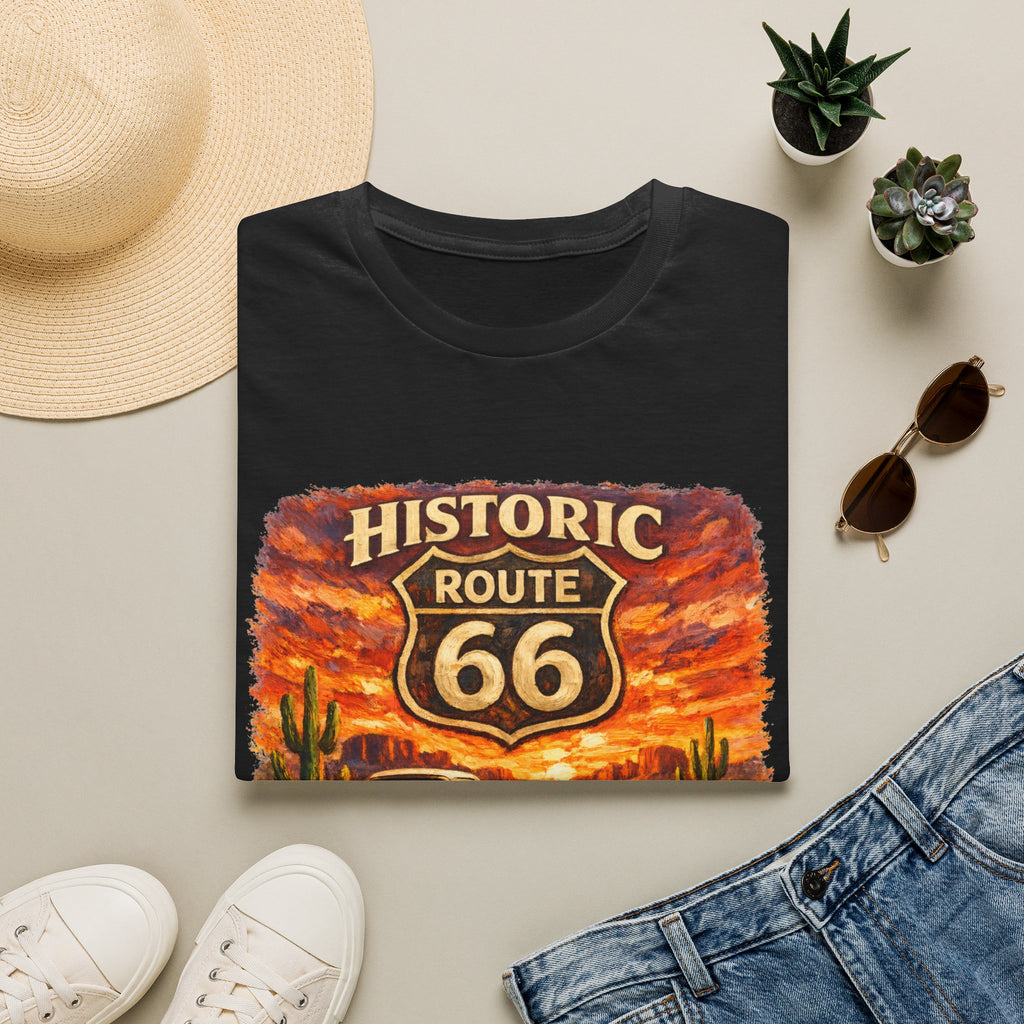 Historic Route 66 Road Trip T-Shirt | Vintage Car Desert Sunset