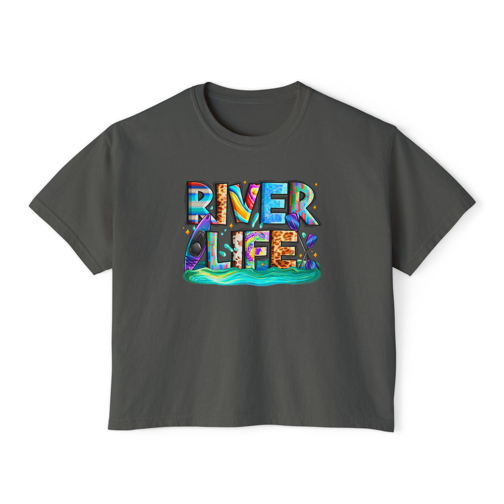River Life boxy tee | colorful river lettering, kayak, fishing graphics