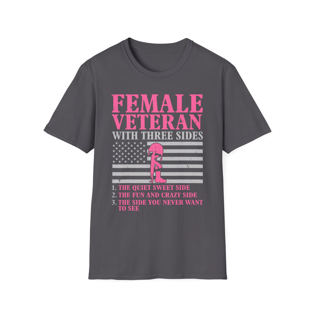 Female Veteran with Three Sides T-Shirt | American Flag, Pink Helmet, Military Pride