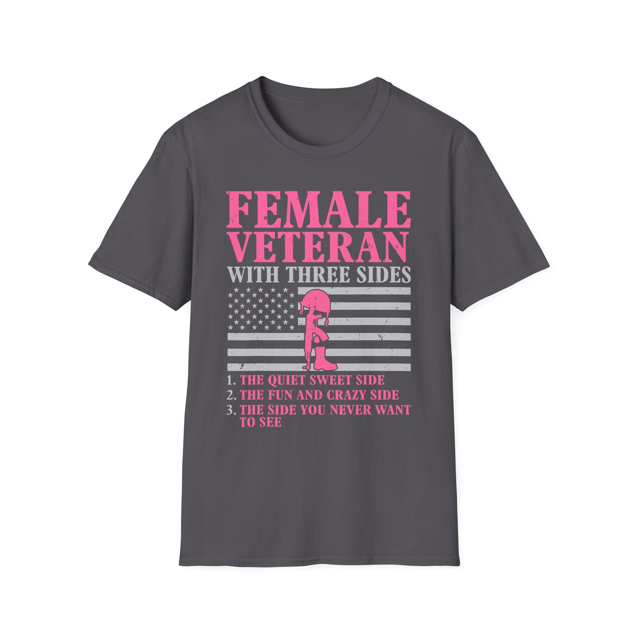 Female Veteran with Three Sides T-Shirt | American Flag, Pink Helmet, Military Pride