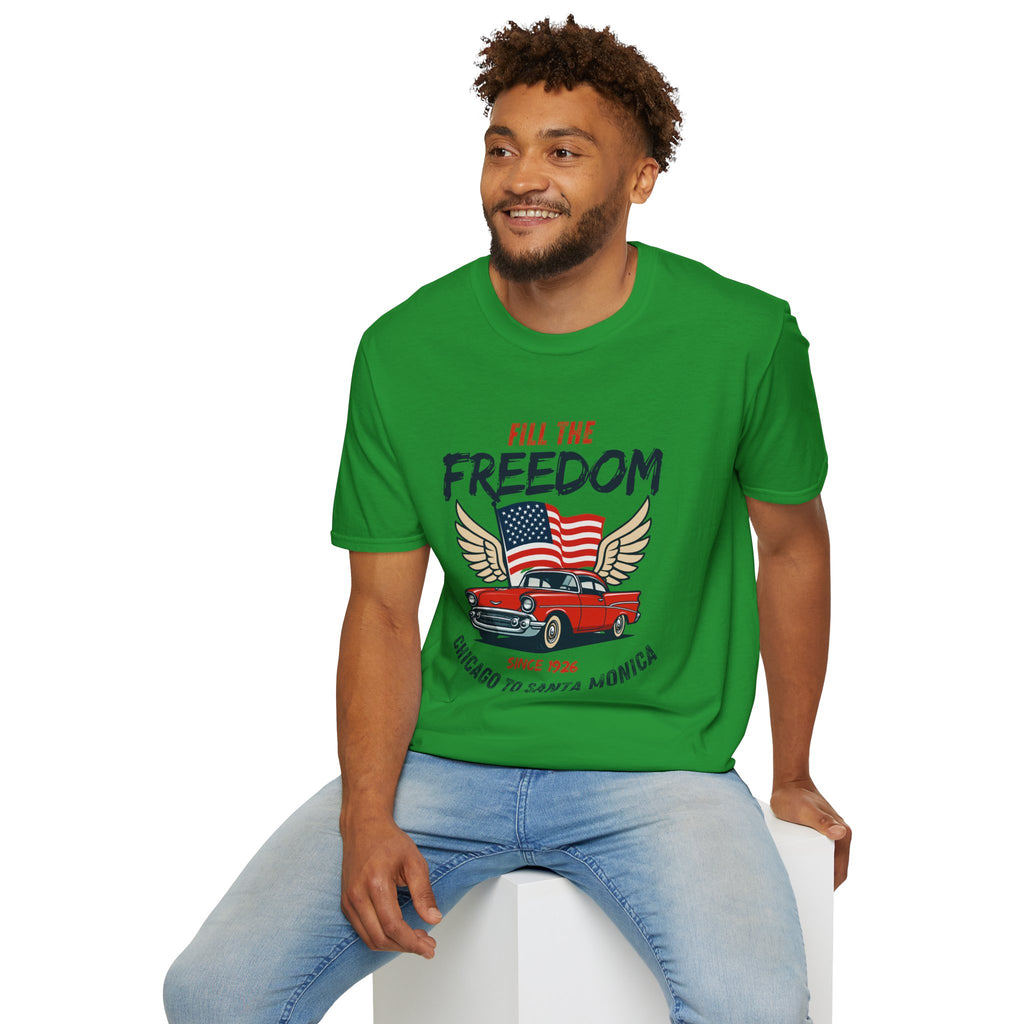 Fill the Freedom Vintage Car T-Shirt | American Flag Wings Chicago to Santa Monica Route 66