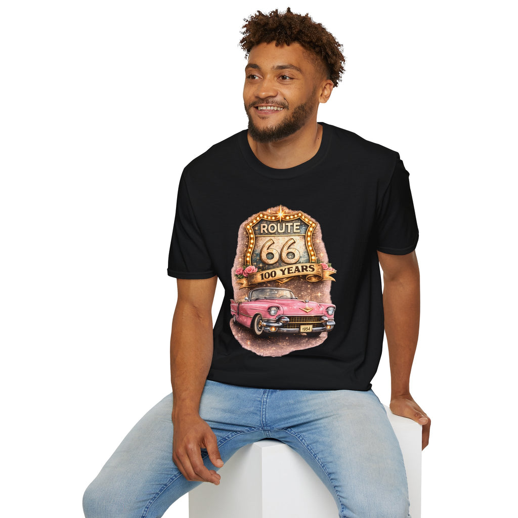 Route 66 100 Years Pink Classic Car T-Shirt | Vintage Road Trip Tee