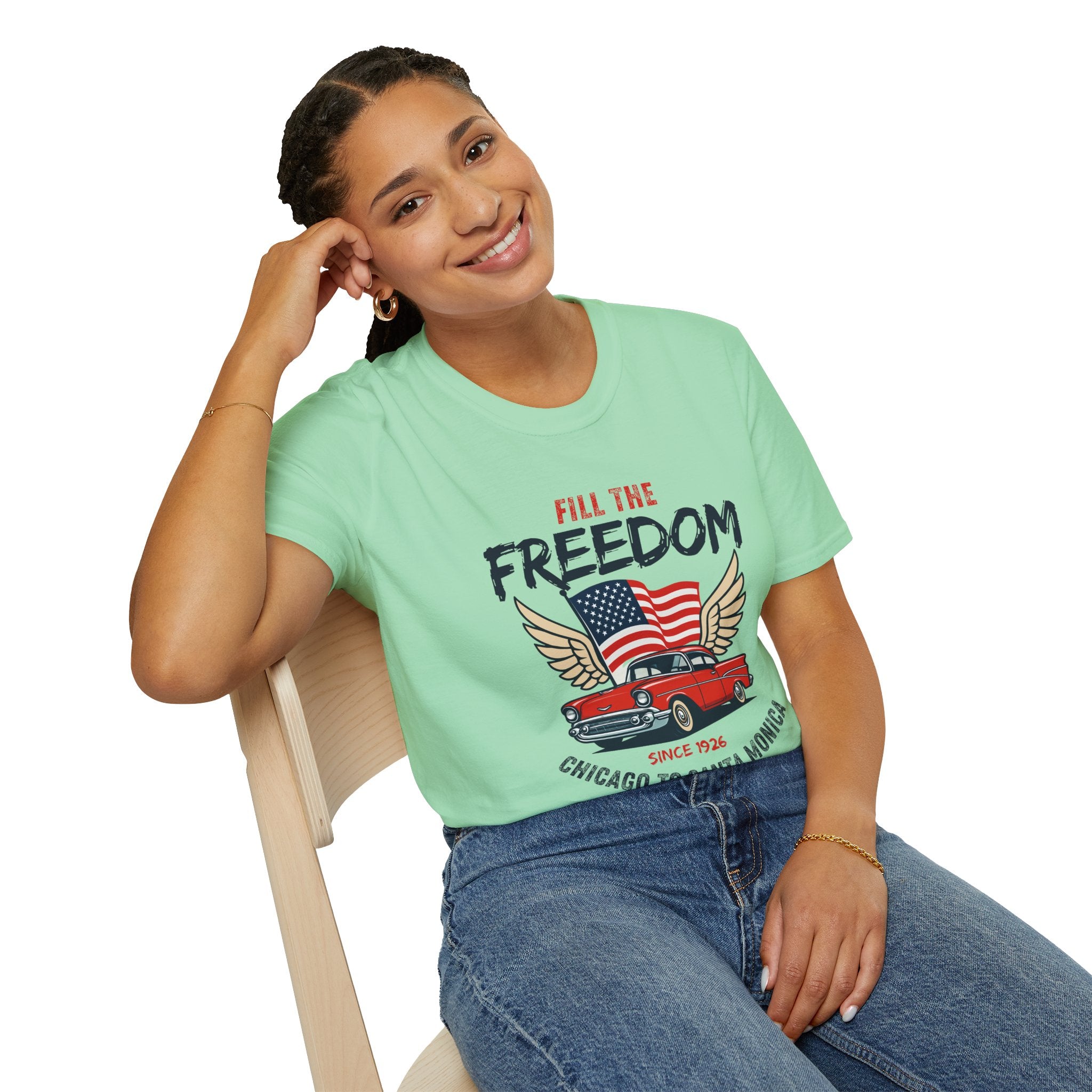 Fill the Freedom Vintage Car T-Shirt | American Flag Wings Chicago to Santa Monica Route 66