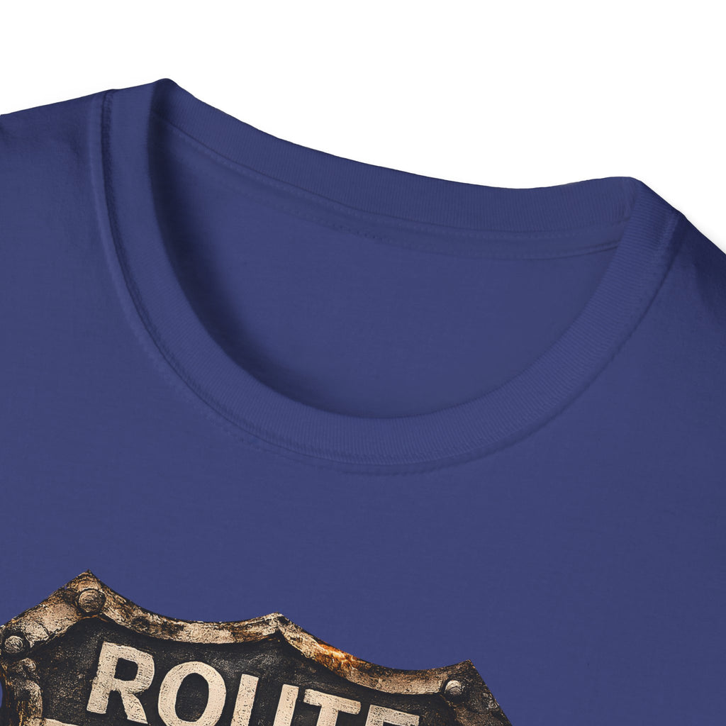 Route 66 Skull Badge T-Shirt | Ride the Legend, Winged Helmet Motorcycle Design