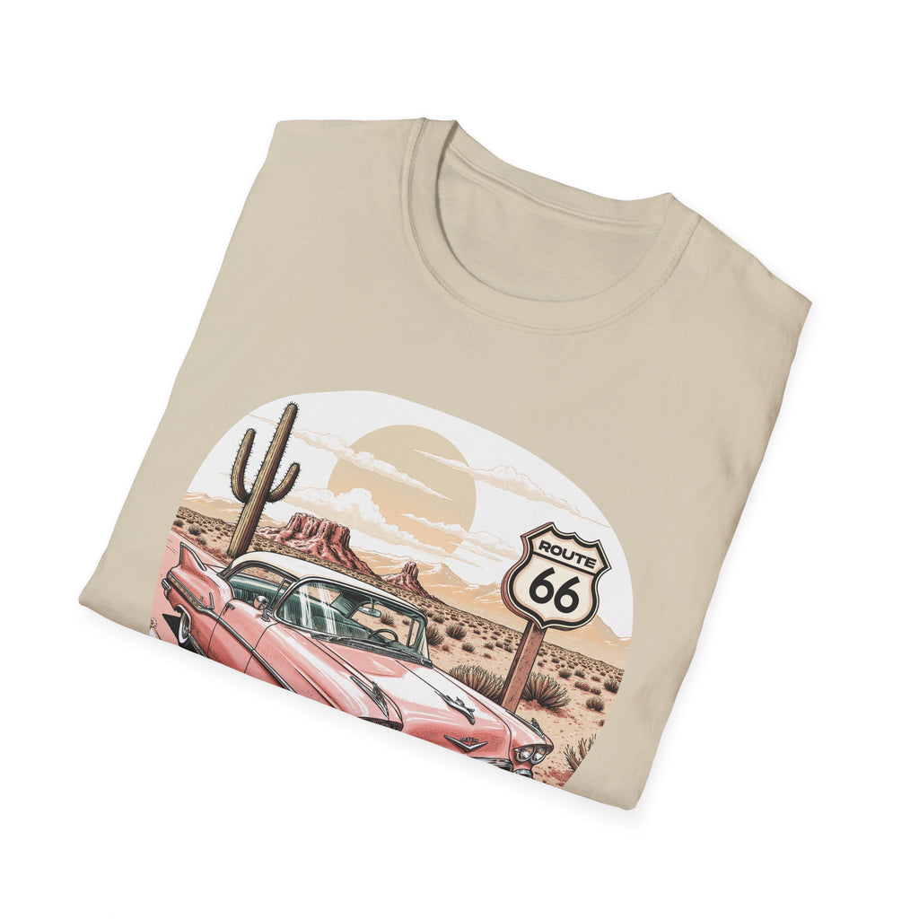 Retro Pink Classic Car Route 66 T-Shirt | Desert Cactus Vintage Roadtrip
