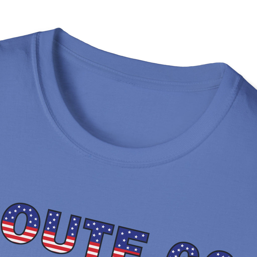 Route 66 Retro Text T-Shirt | American Flag Roadtrip Graphic