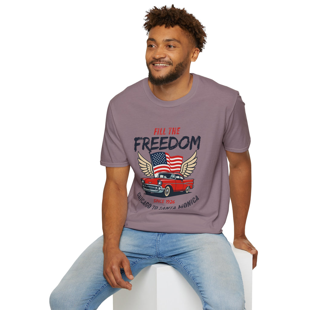 Fill the Freedom Vintage Car T-Shirt | American Flag Wings Chicago to Santa Monica Route 66