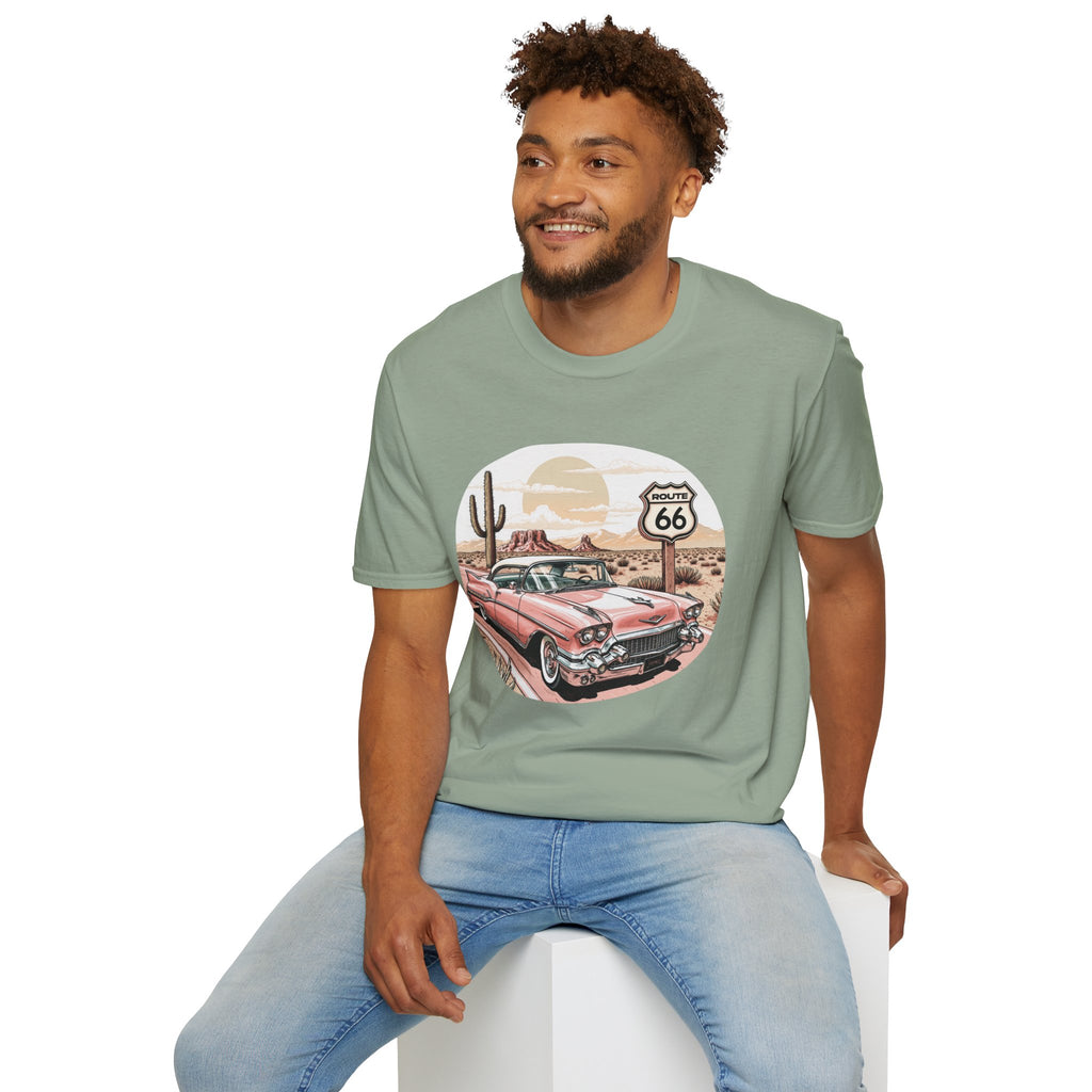 Retro Pink Classic Car Route 66 T-Shirt | Desert Cactus Vintage Roadtrip