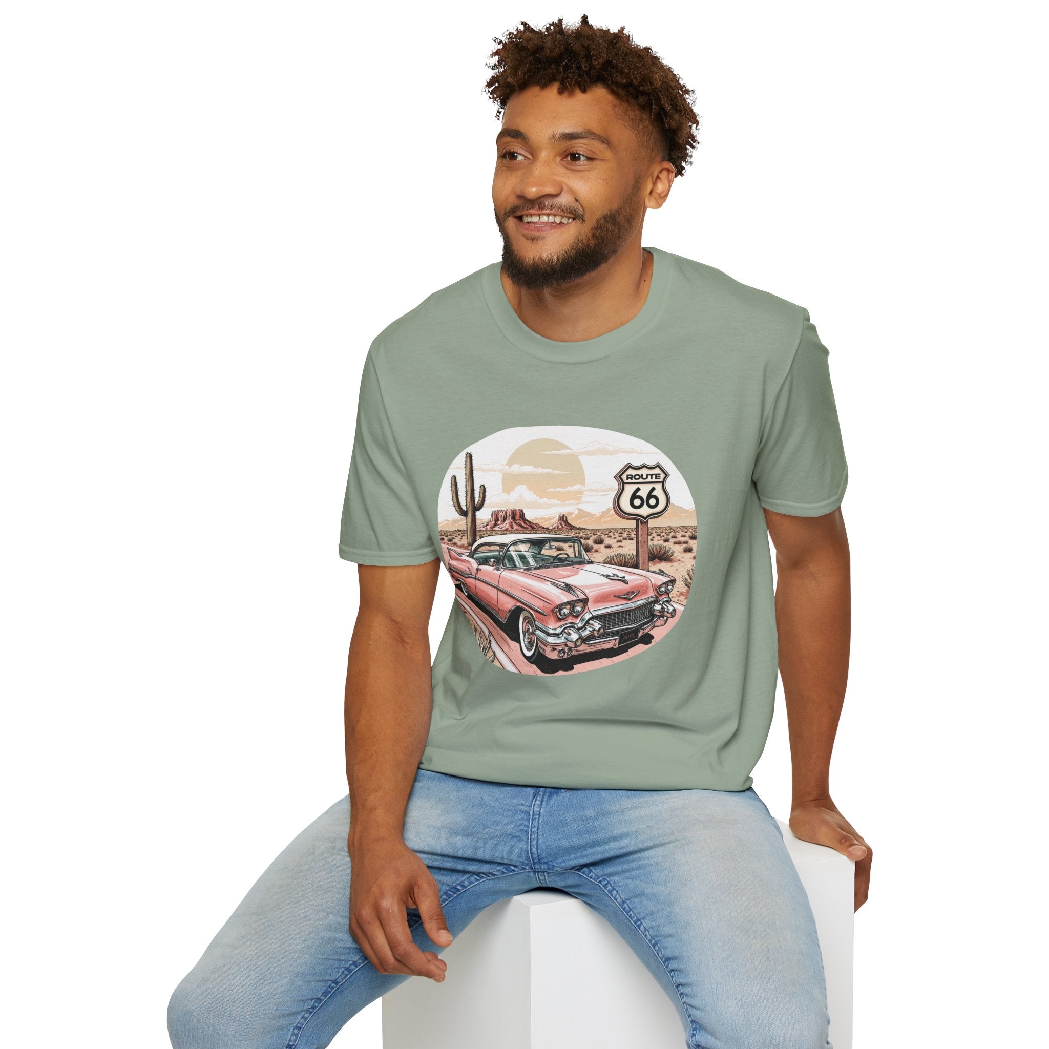 Retro Pink Classic Car Route 66 T-Shirt | Desert Cactus Vintage Roadtrip