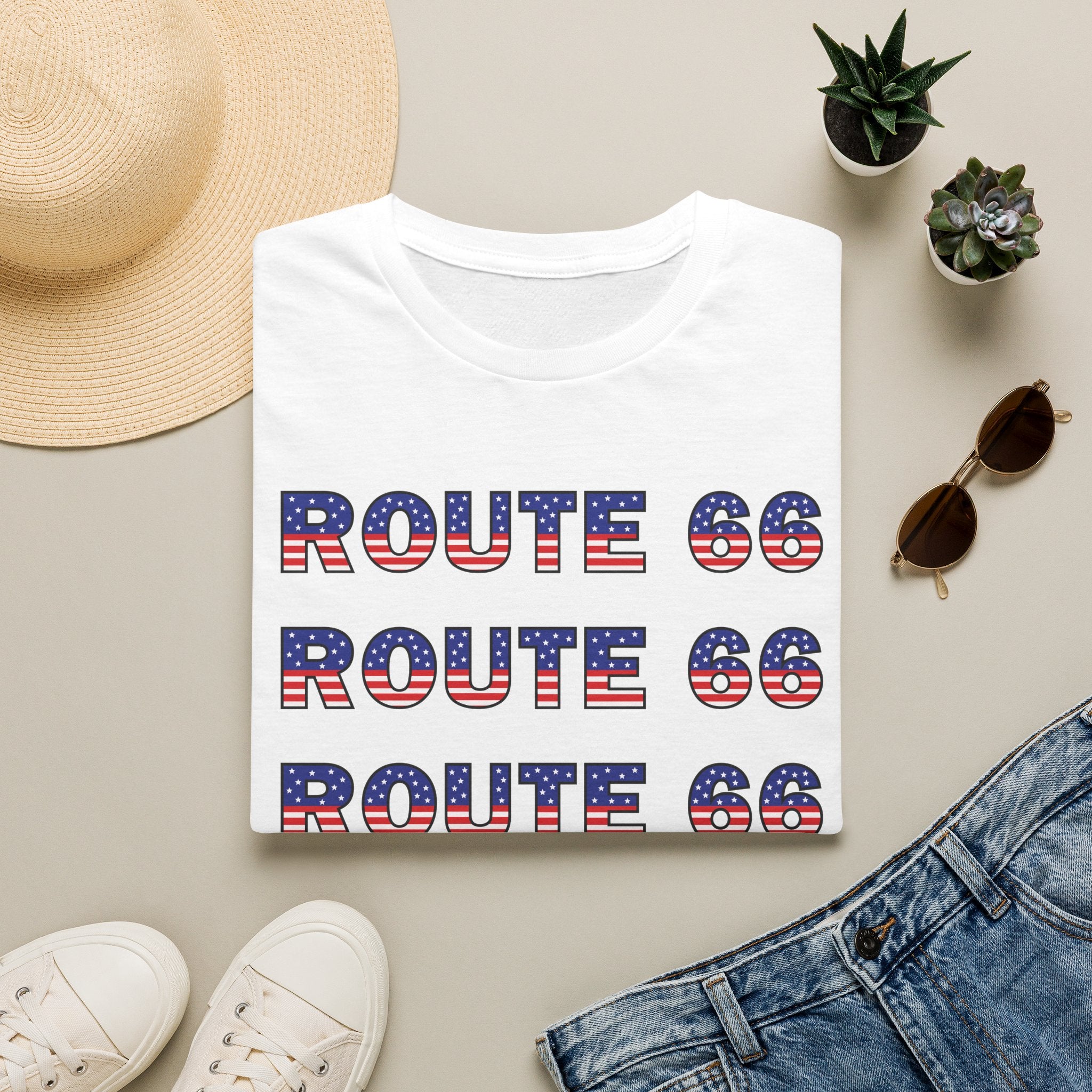Route 66 Retro Text T-Shirt | American Flag Roadtrip Graphic