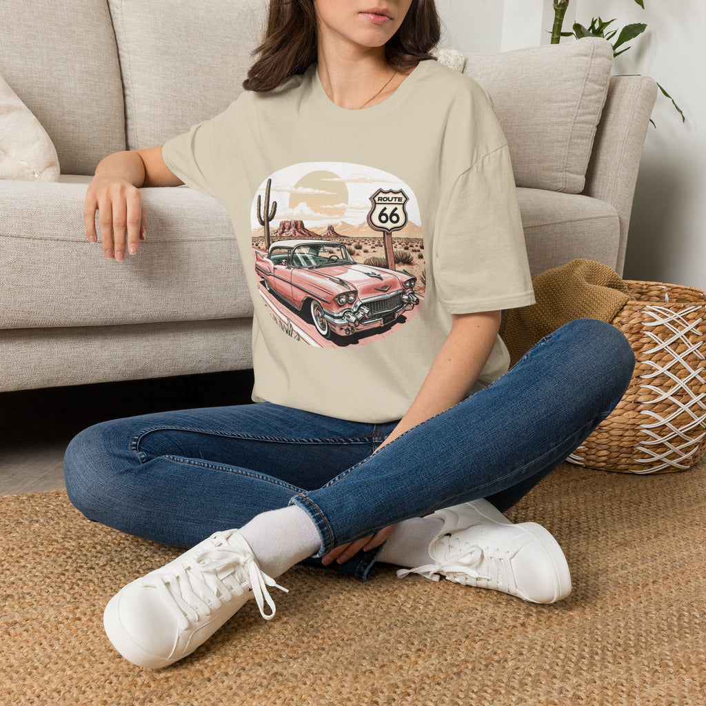 Retro Pink Classic Car Route 66 T-Shirt | Desert Cactus Vintage Roadtrip