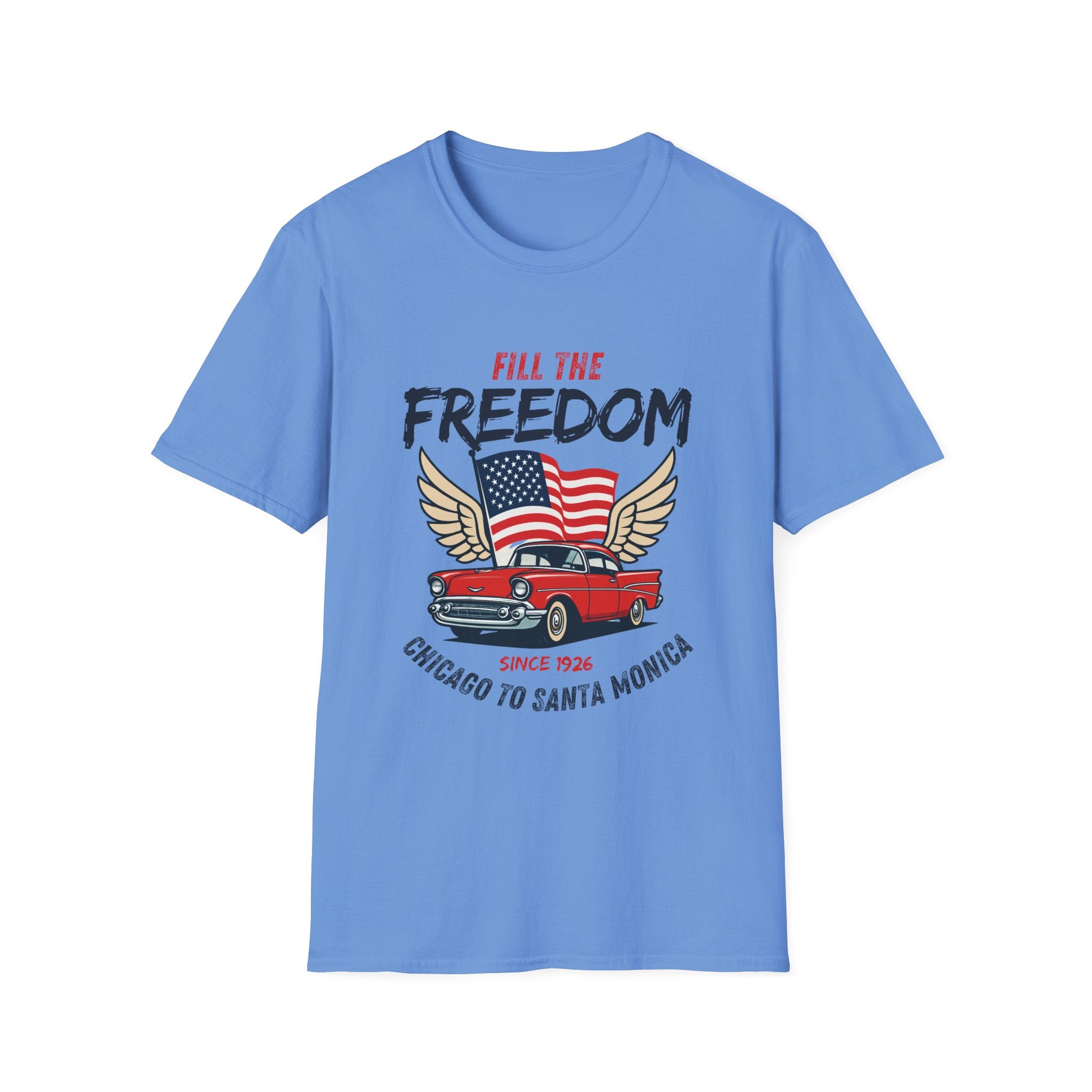 Fill the Freedom Vintage Car T-Shirt | American Flag Wings Chicago to Santa Monica