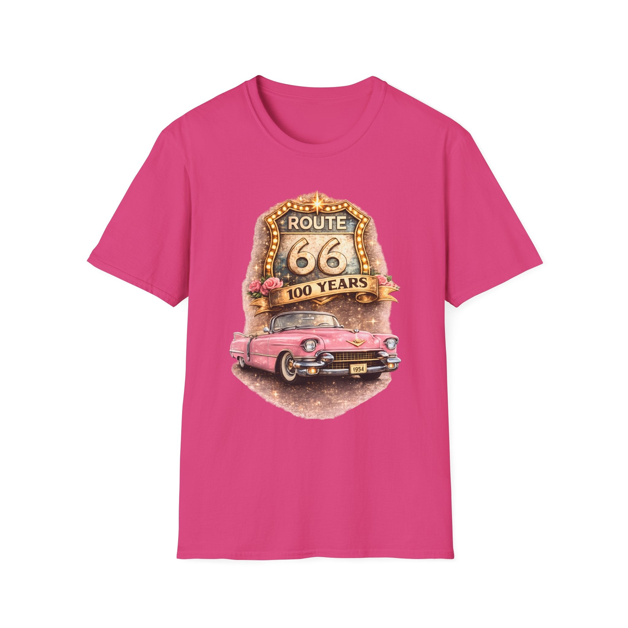 Route 66 100 Years Pink Classic Car T-Shirt | Vintage Road Trip Tee