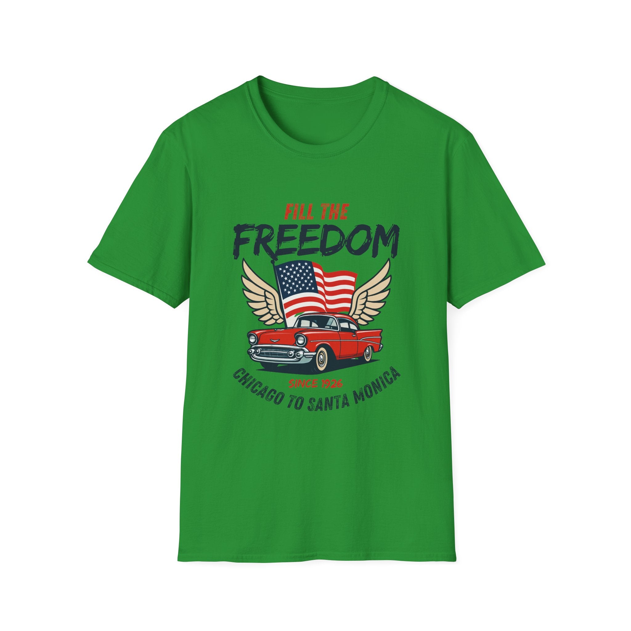 Fill the Freedom Vintage Car T-Shirt | American Flag Wings Chicago to Santa Monica