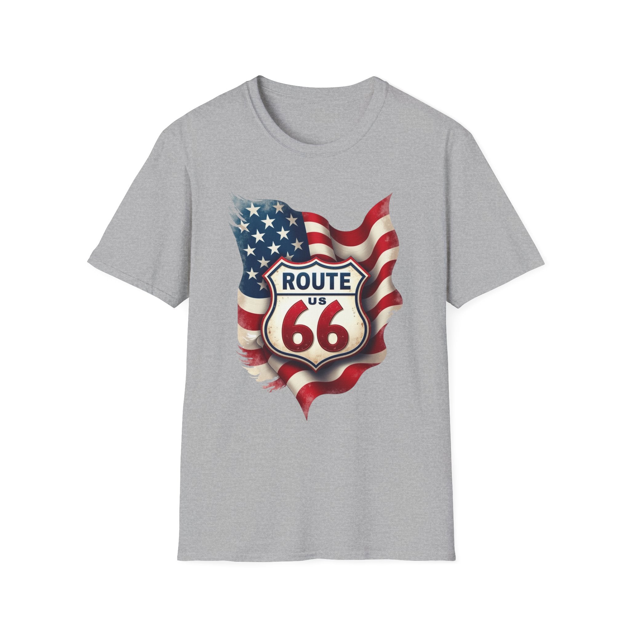 Route 66 Shield with American Flag T-Shirt | Vintage Road Trip Tee