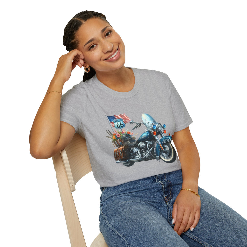 Route 66 Motorcycle Illustration T-Shirt | American Flag, Sunflowers