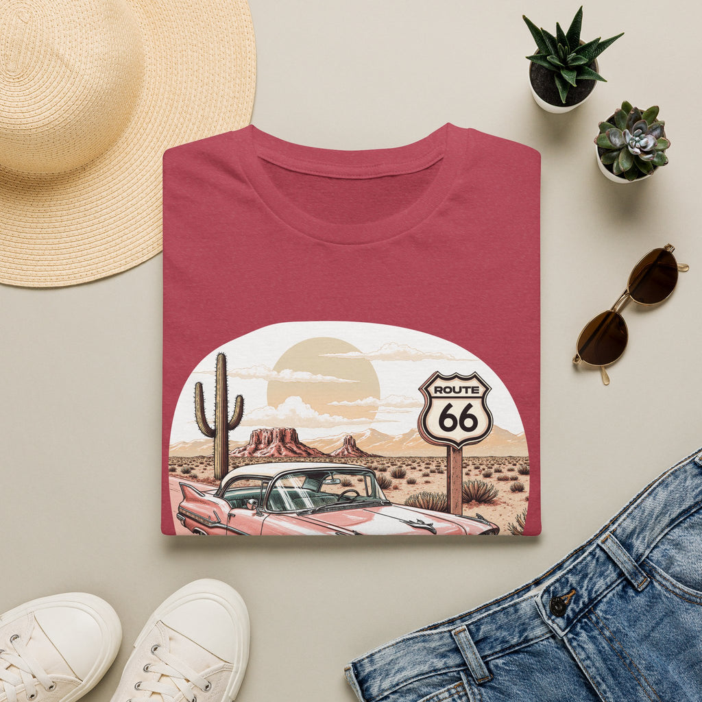Retro Pink Classic Car Route 66 T-Shirt | Desert Cactus Vintage Roadtrip