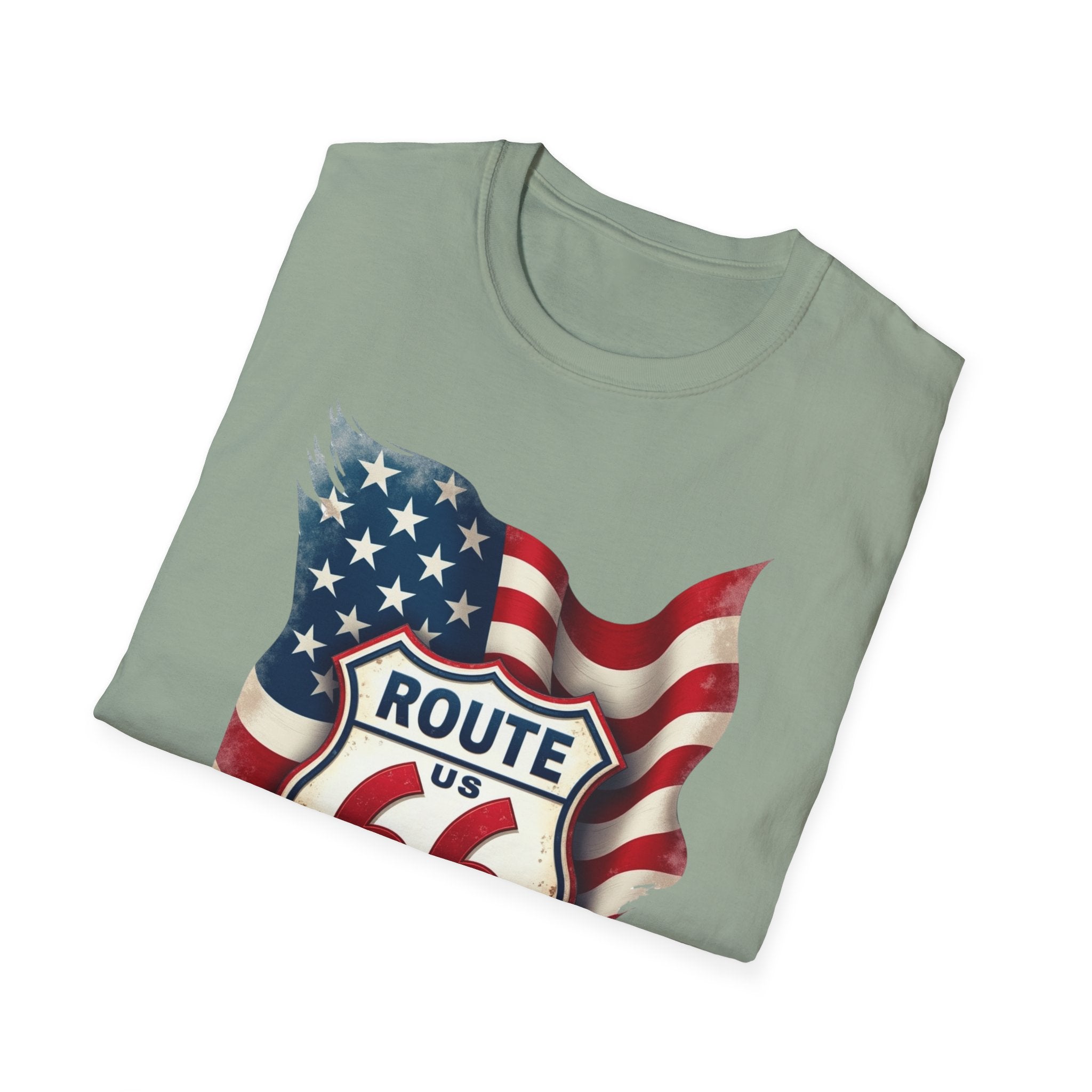Route 66 Shield with American Flag T-Shirt | Vintage Road Trip Tee