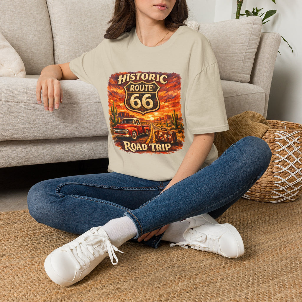 Historic Route 66 Road Trip T-Shirt | Vintage Car Desert Sunset