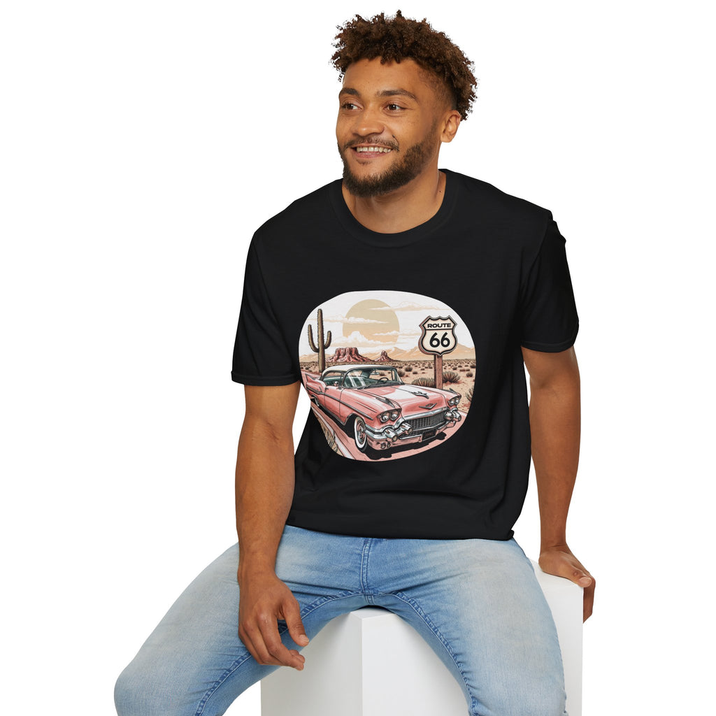 Retro Pink Classic Car Route 66 T-Shirt | Desert Cactus Vintage Roadtrip