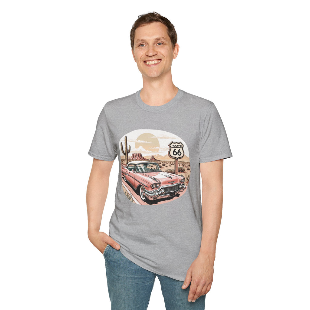 Retro Pink Classic Car Route 66 T-Shirt | Desert Cactus Vintage Roadtrip