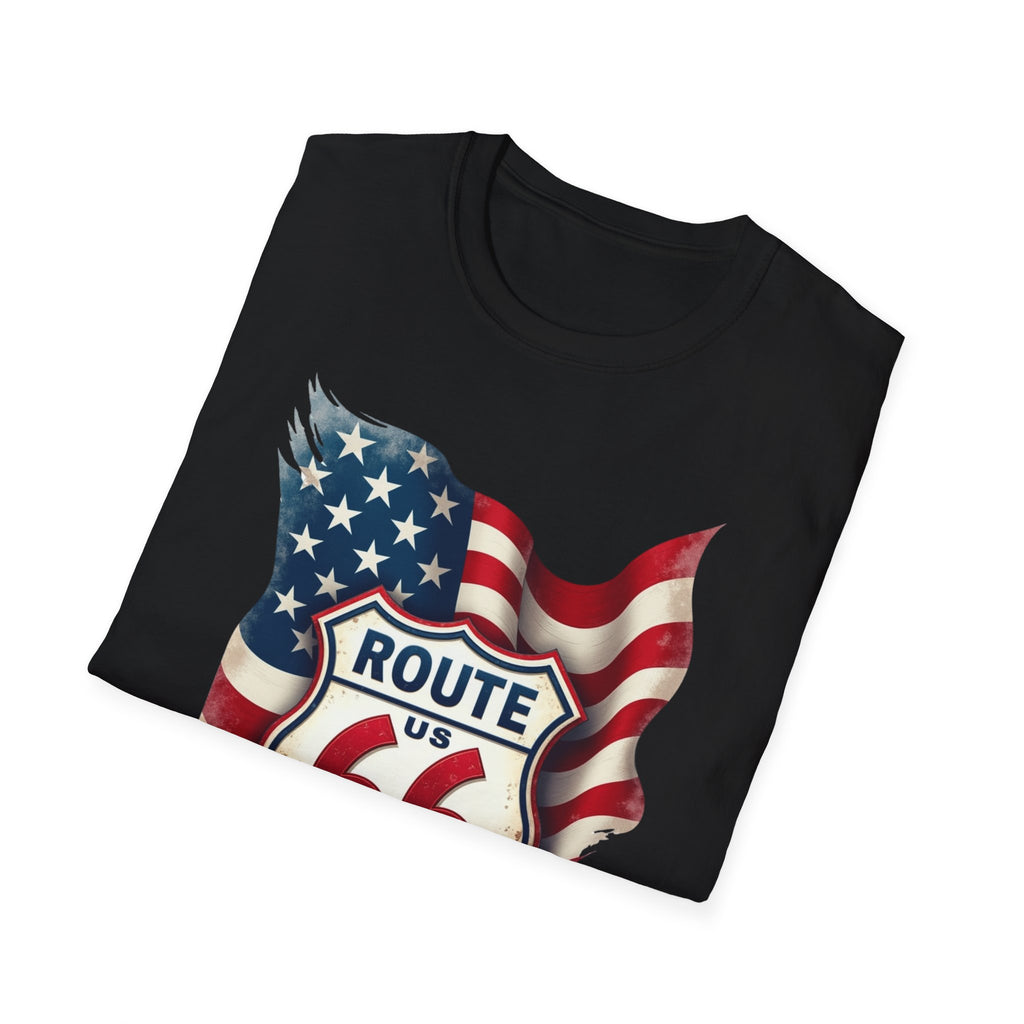 Route 66 Shield with American Flag T-Shirt | Vintage Road Trip Tee