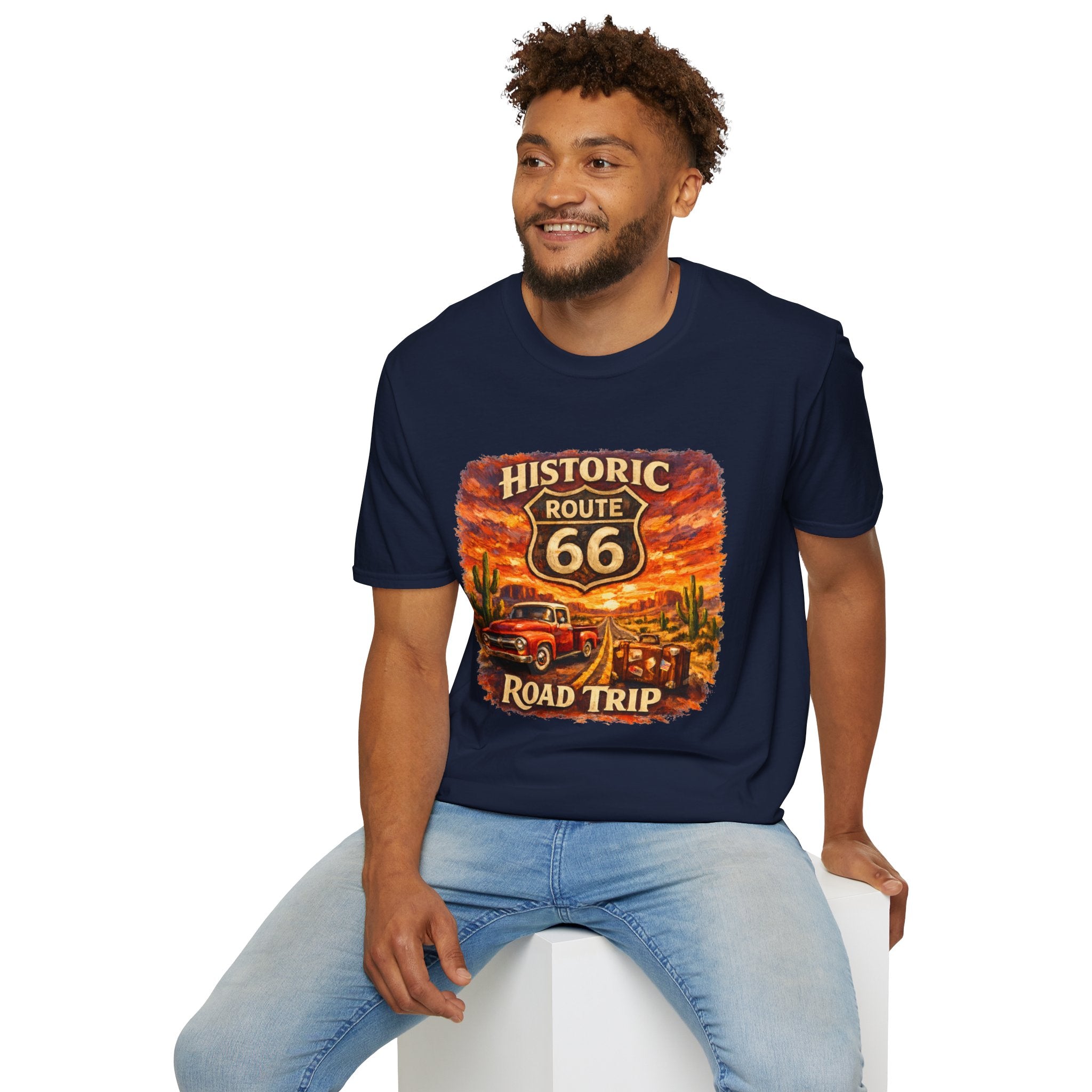 Historic Route 66 Road Trip T-Shirt | Vintage Car Desert Sunset