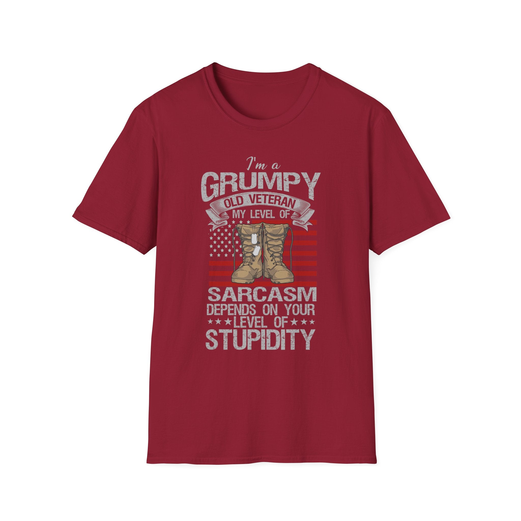 Grumpy Old Veteran Boots, T-Shirt | American Flag, Sarcasm Depends on Stupidity