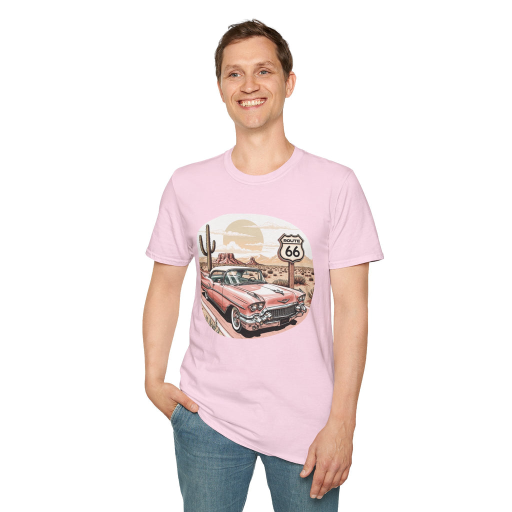 Retro Pink Classic Car Route 66 T-Shirt | Desert Cactus Vintage Roadtrip