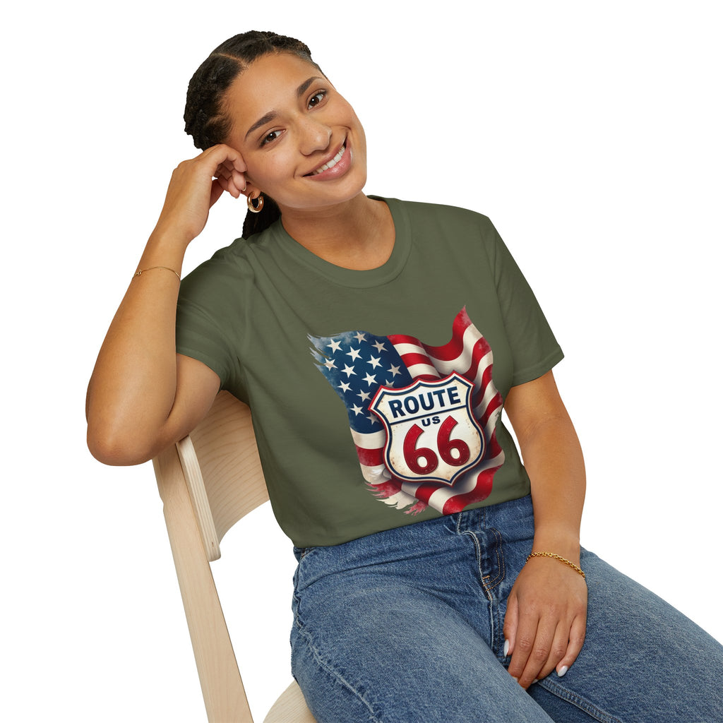 Route 66 Shield with American Flag T-Shirt | Vintage Road Trip Tee