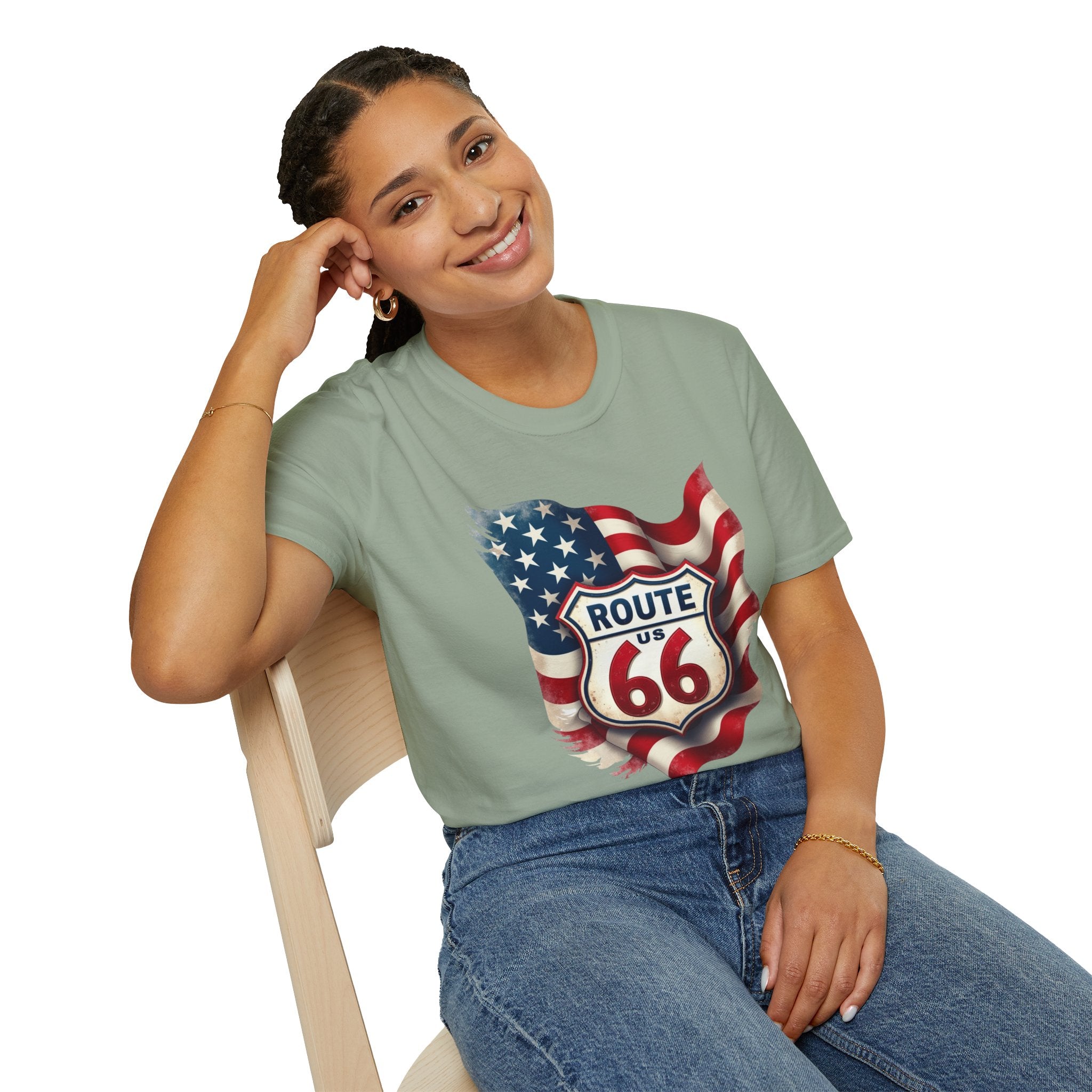 Route 66 Shield with American Flag T-Shirt | Vintage Road Trip Tee