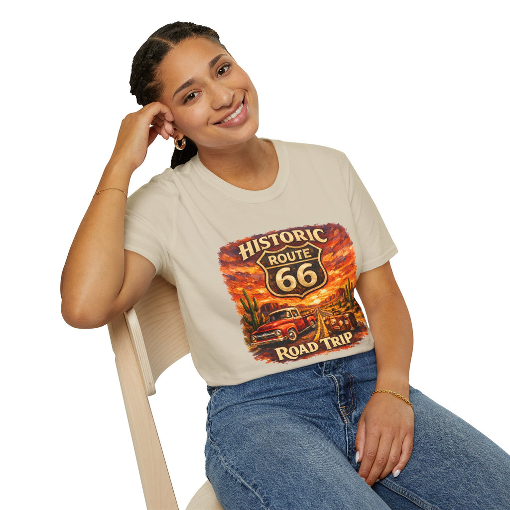 Historic Route 66 Road Trip T-Shirt | Vintage Car Desert Sunset