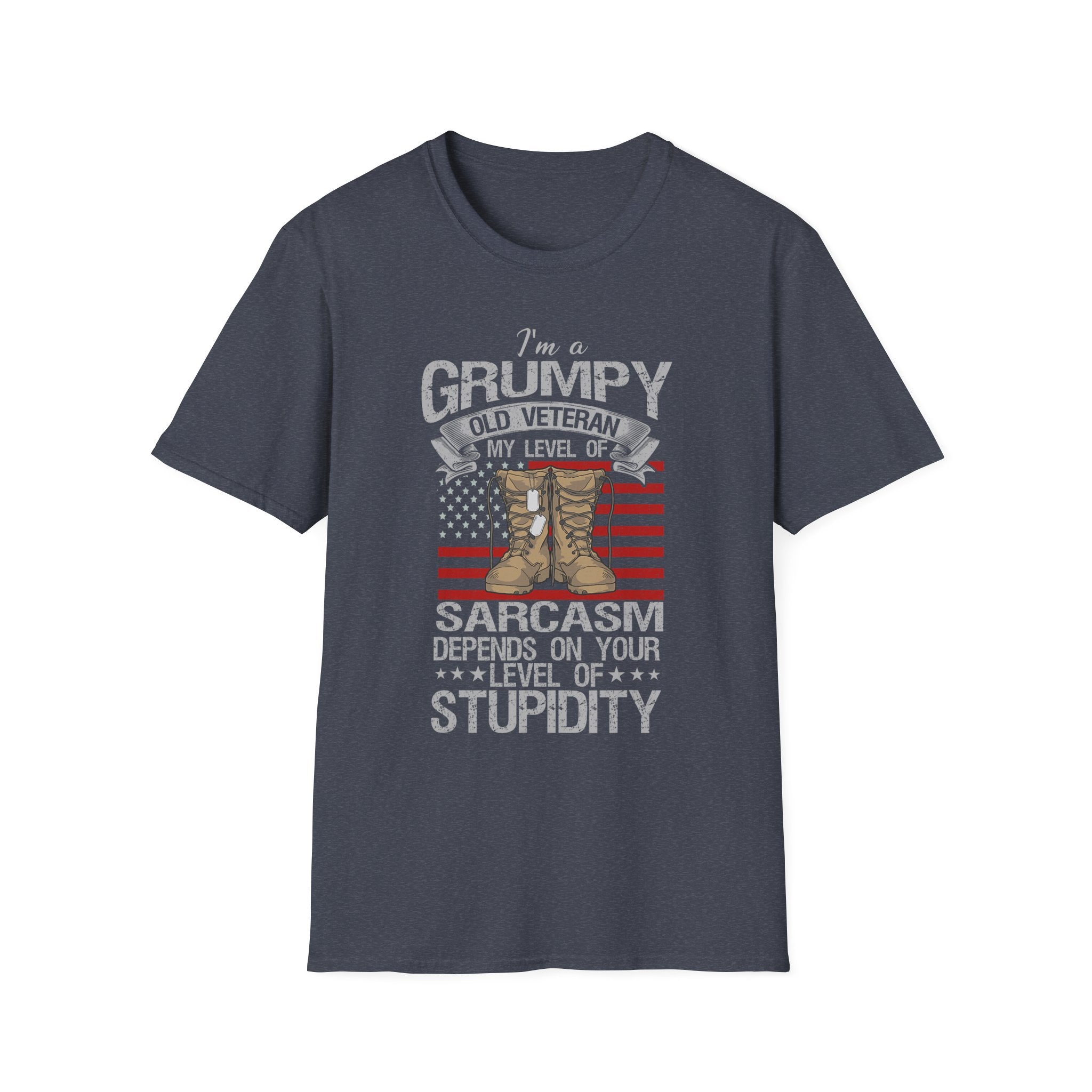 Grumpy Old Veteran Boots, T-Shirt | American Flag, Sarcasm Depends on Stupidity