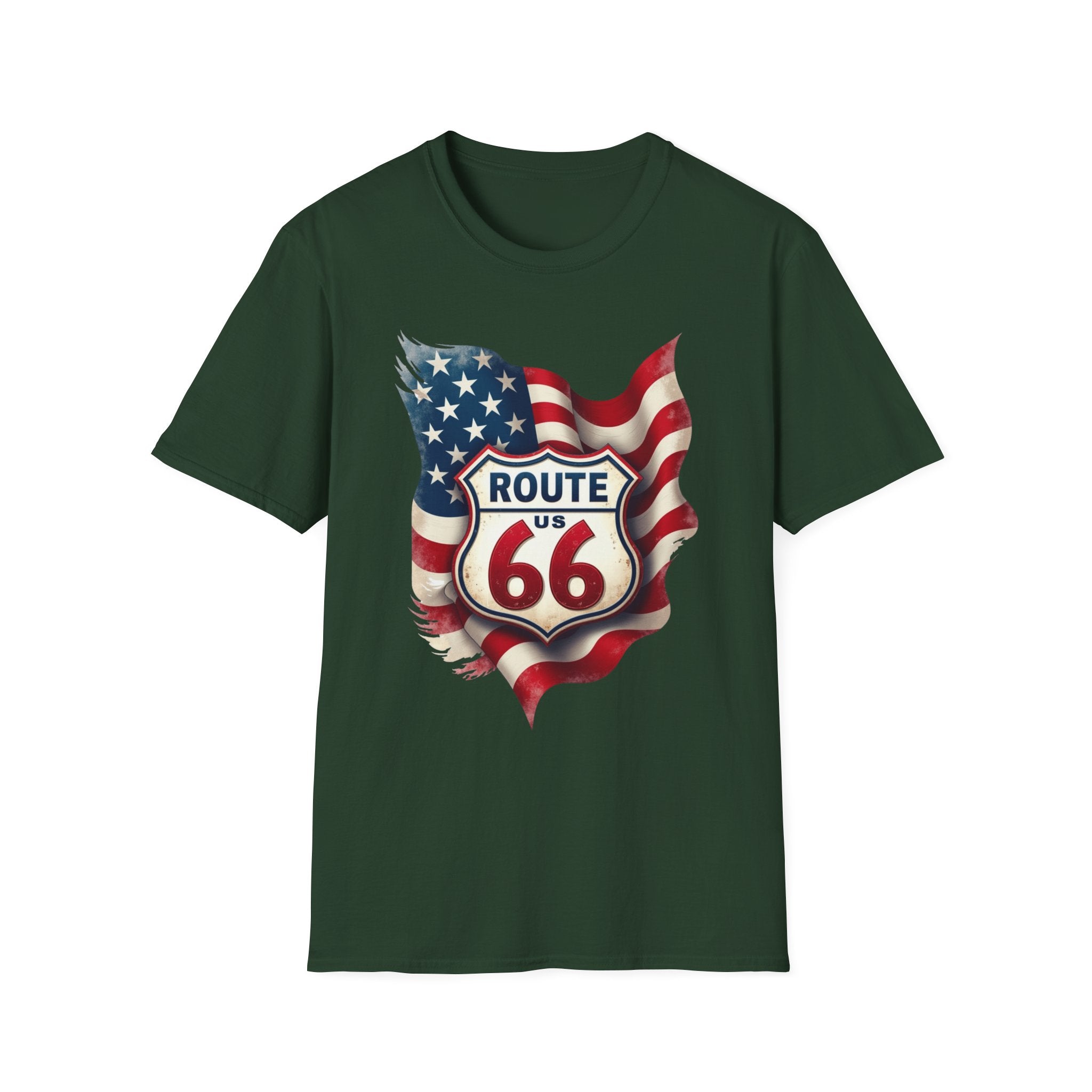 Route 66 Shield with American Flag T-Shirt | Vintage Road Trip Tee