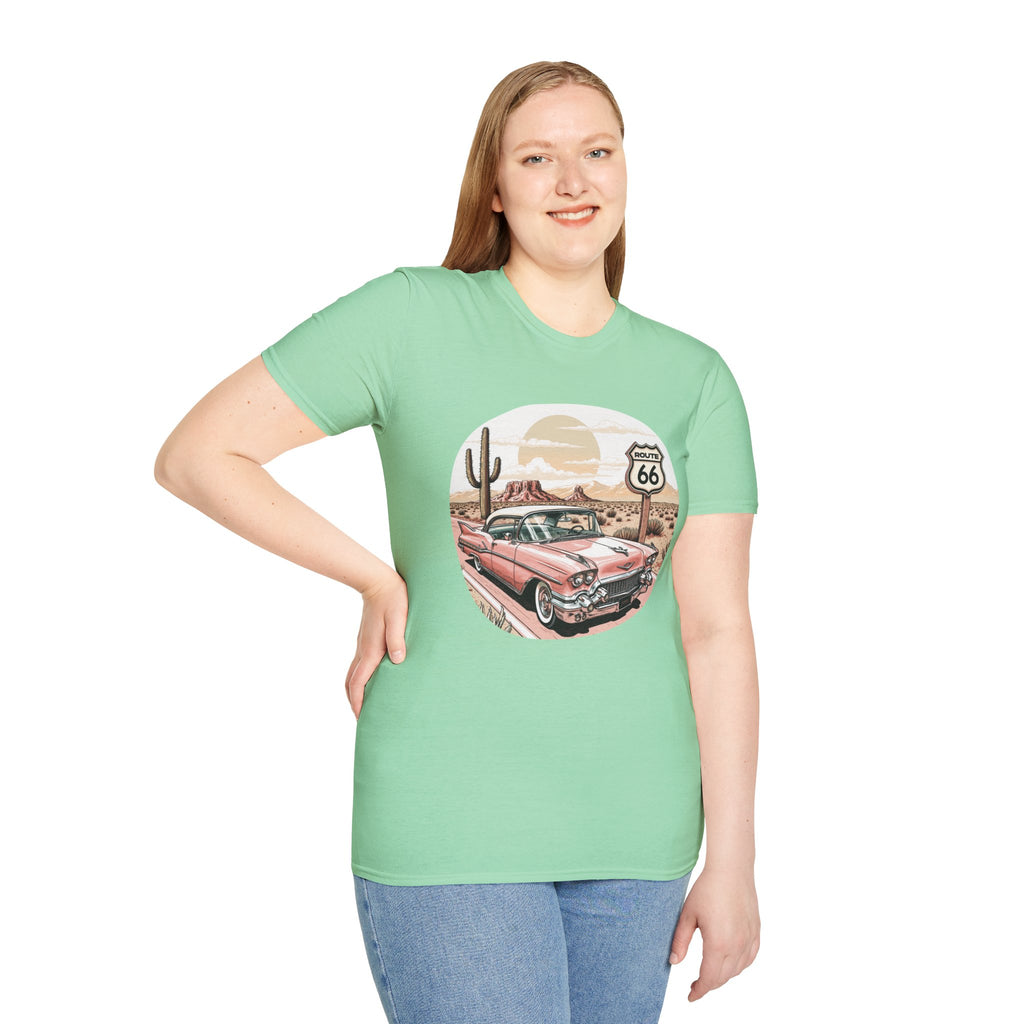 Retro Pink Classic Car Route 66 T-Shirt | Desert Cactus Vintage Roadtrip
