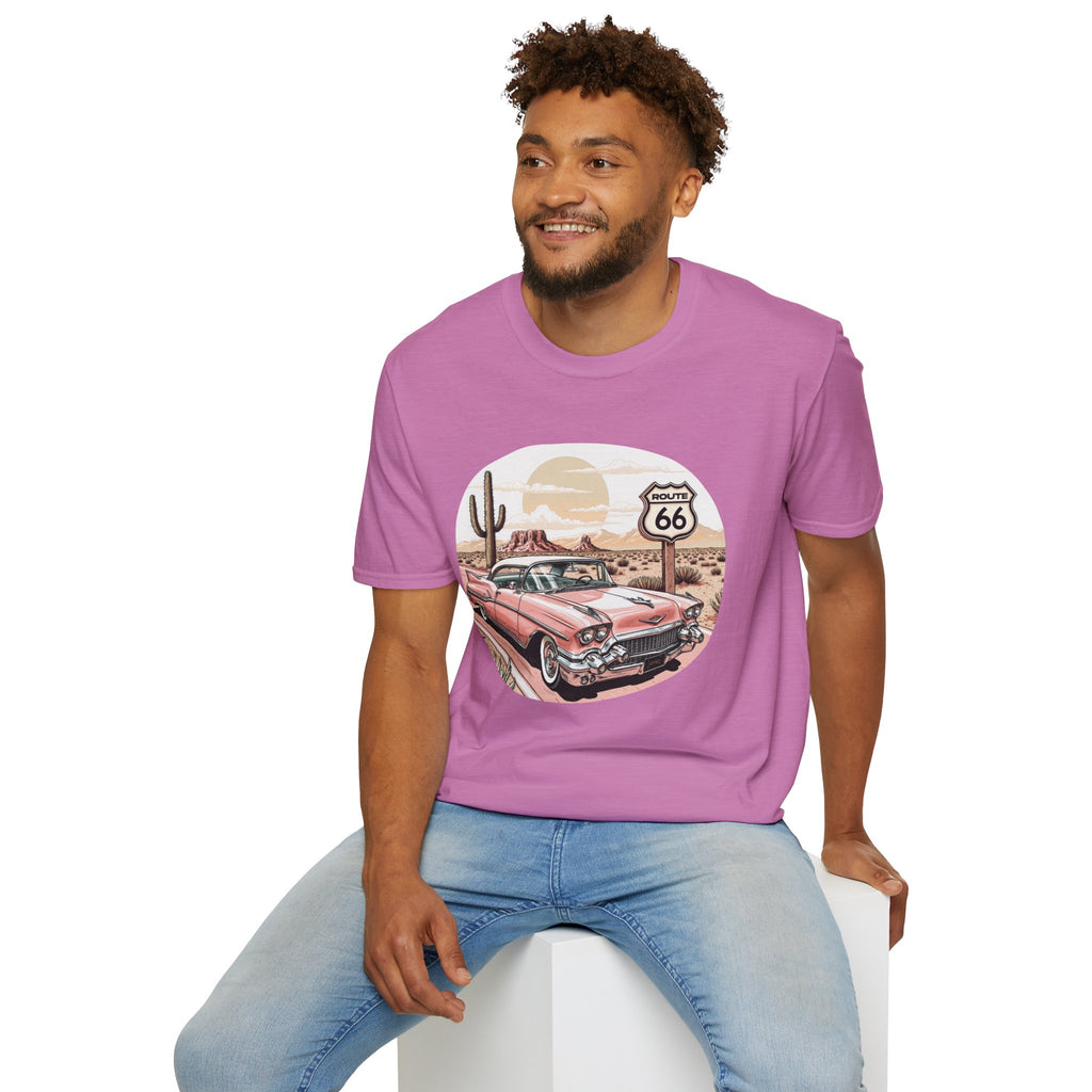 Retro Pink Classic Car Route 66 T-Shirt | Desert Cactus Vintage Roadtrip
