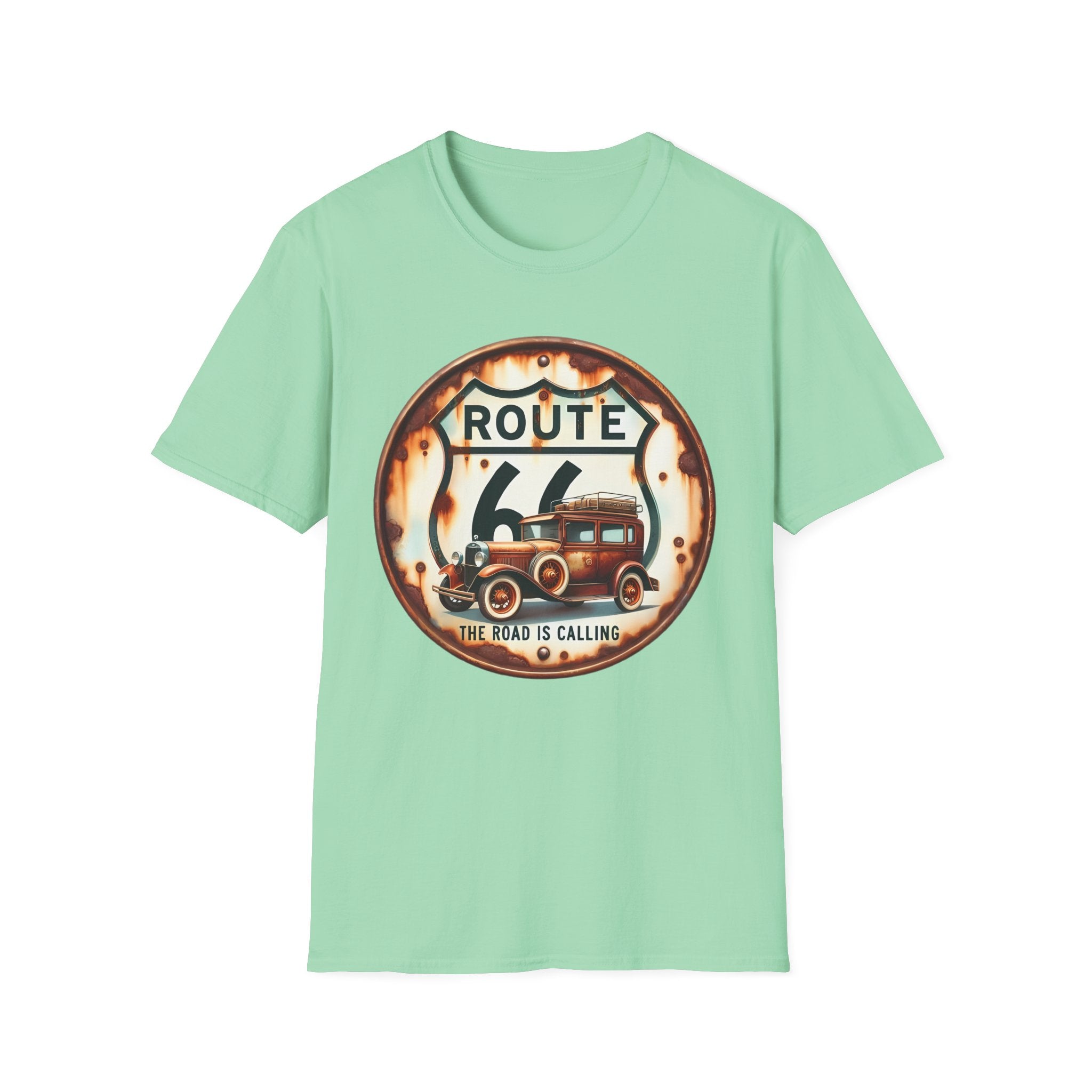 Route 66 Vintage Woodie Car T-Shirt | Road Trip Retro Sign, 'The Road Is Calling'