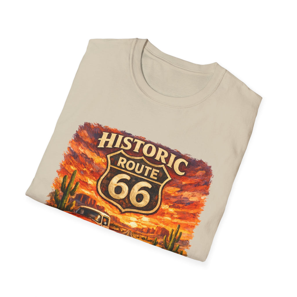 Historic Route 66 Road Trip T-Shirt | Vintage Car Desert Sunset