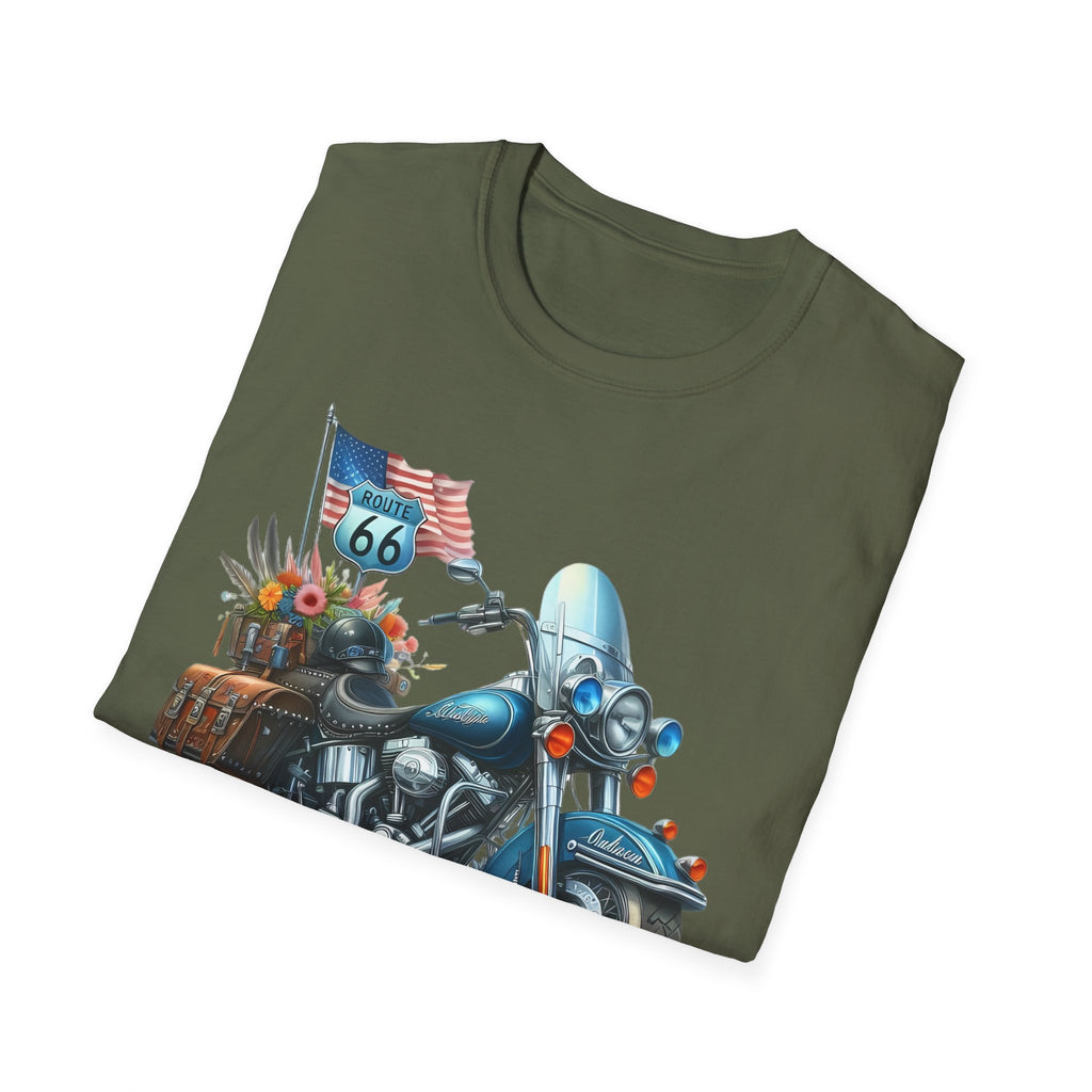 Route 66 Motorcycle Illustration T-Shirt | American Flag, Sunflowers