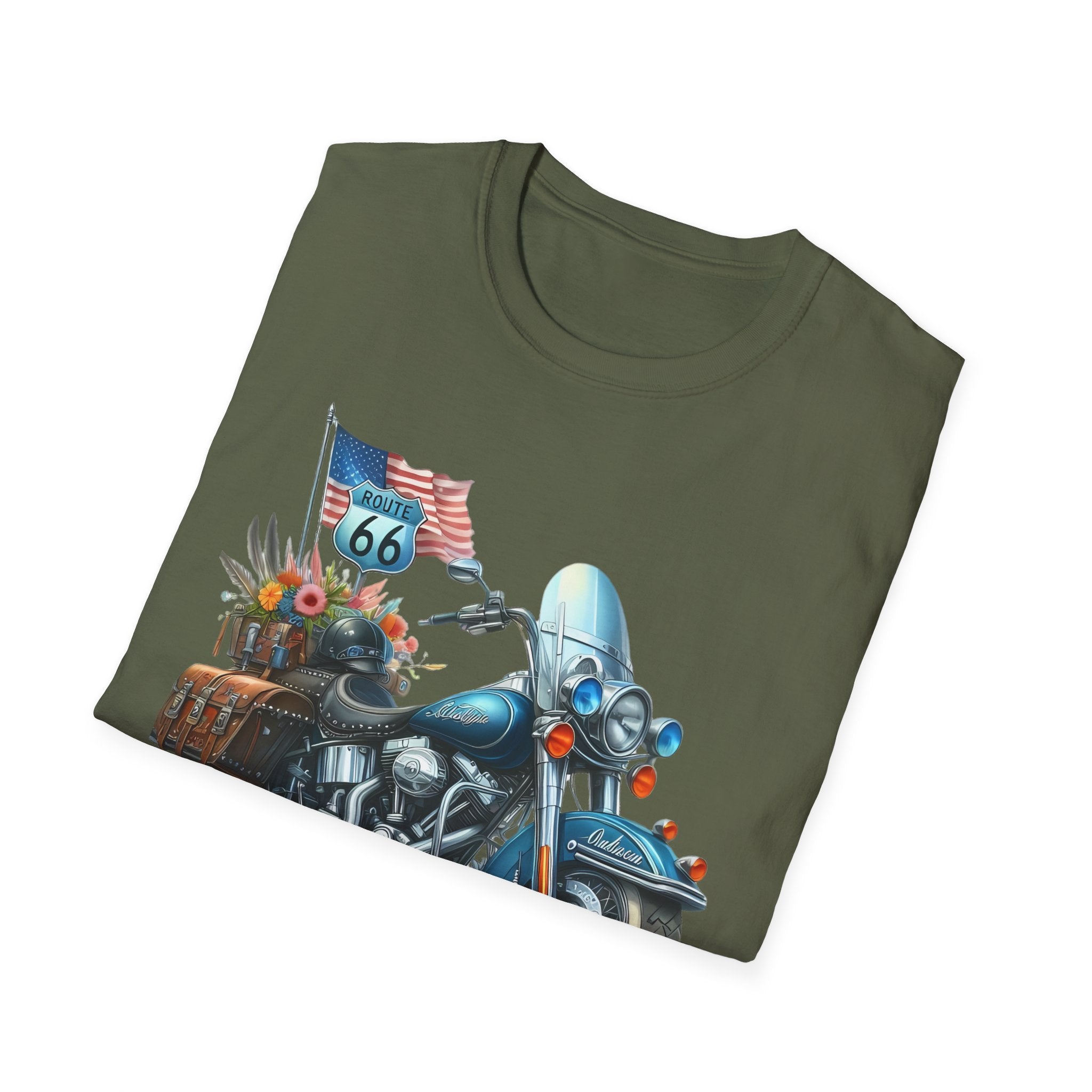 Route 66 Motorcycle Illustration T-Shirt | American Flag, Sunflowers