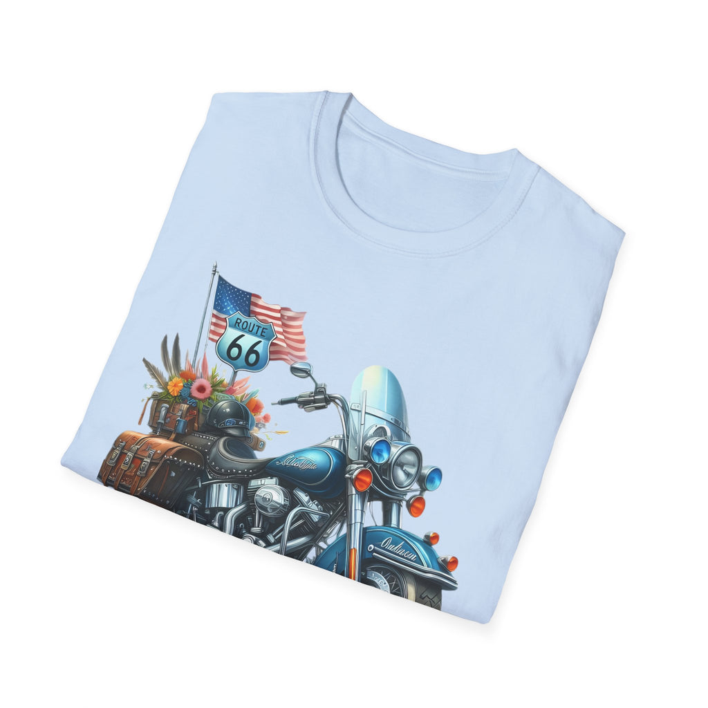 Route 66 Motorcycle Illustration T-Shirt | American Flag, Sunflowers