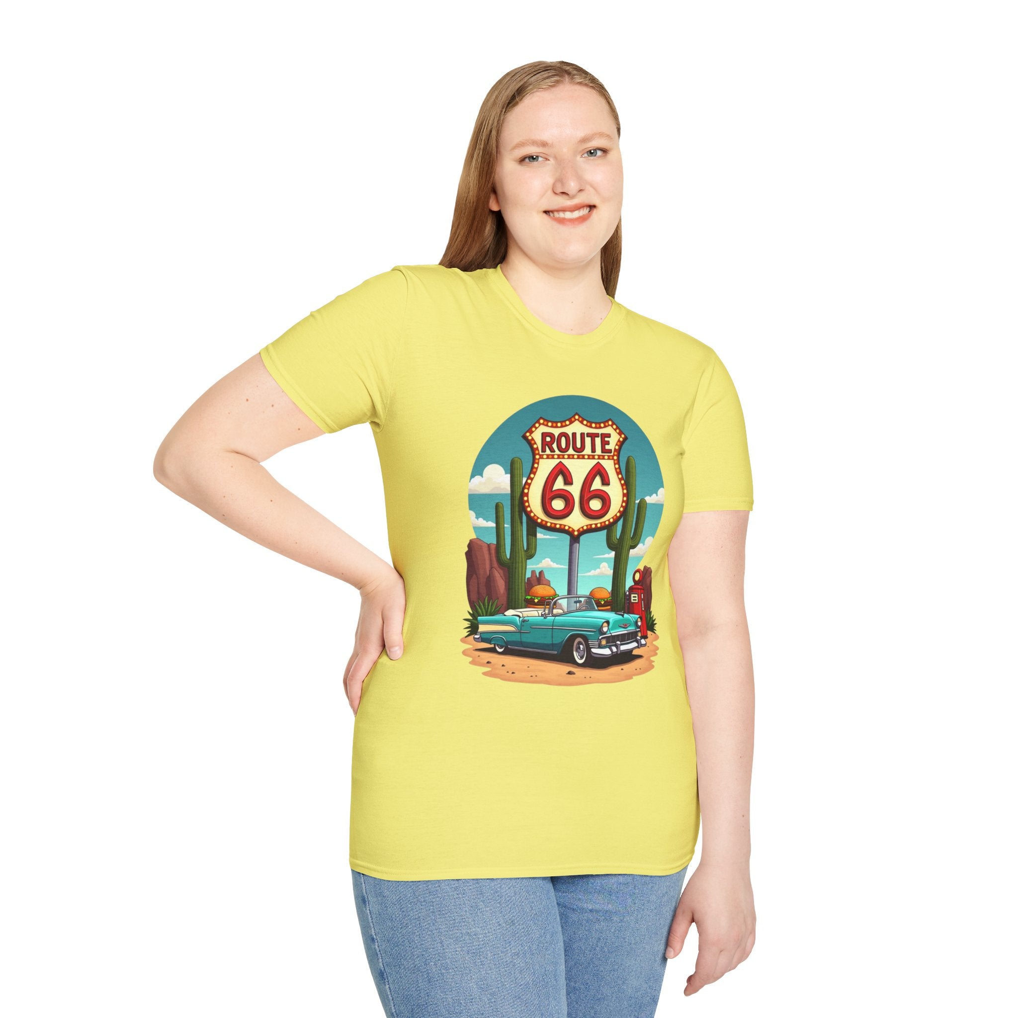 Route 66 Classic Car T-Shirt | Retro Desert Road Sign, Vintage Convertible