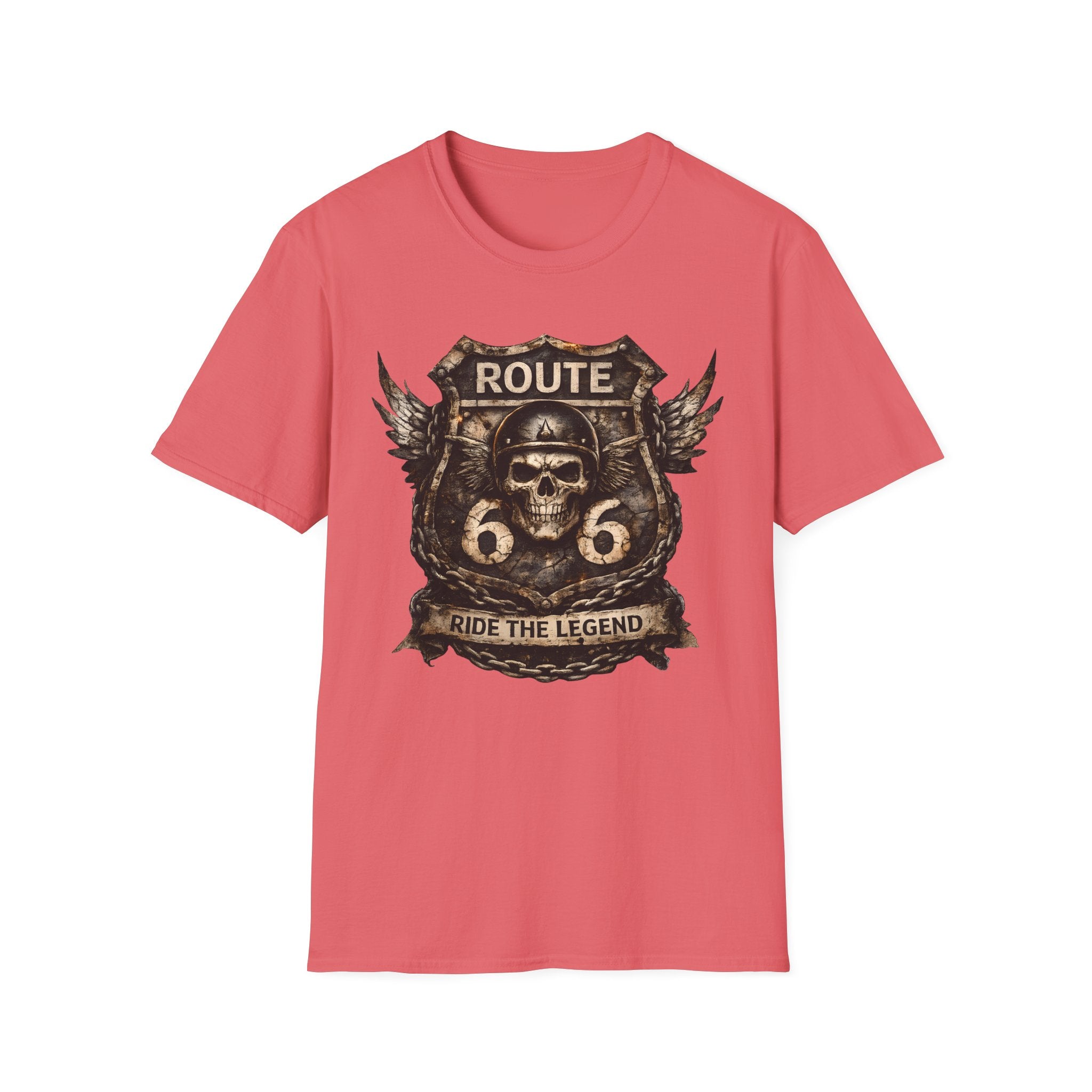 Route 66 Skull Badge T-Shirt | Ride the Legend, Winged Helmet Motorcycle Design