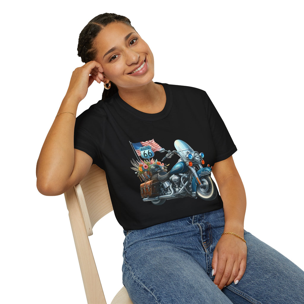 Route 66 Motorcycle Illustration T-Shirt | American Flag, Sunflowers